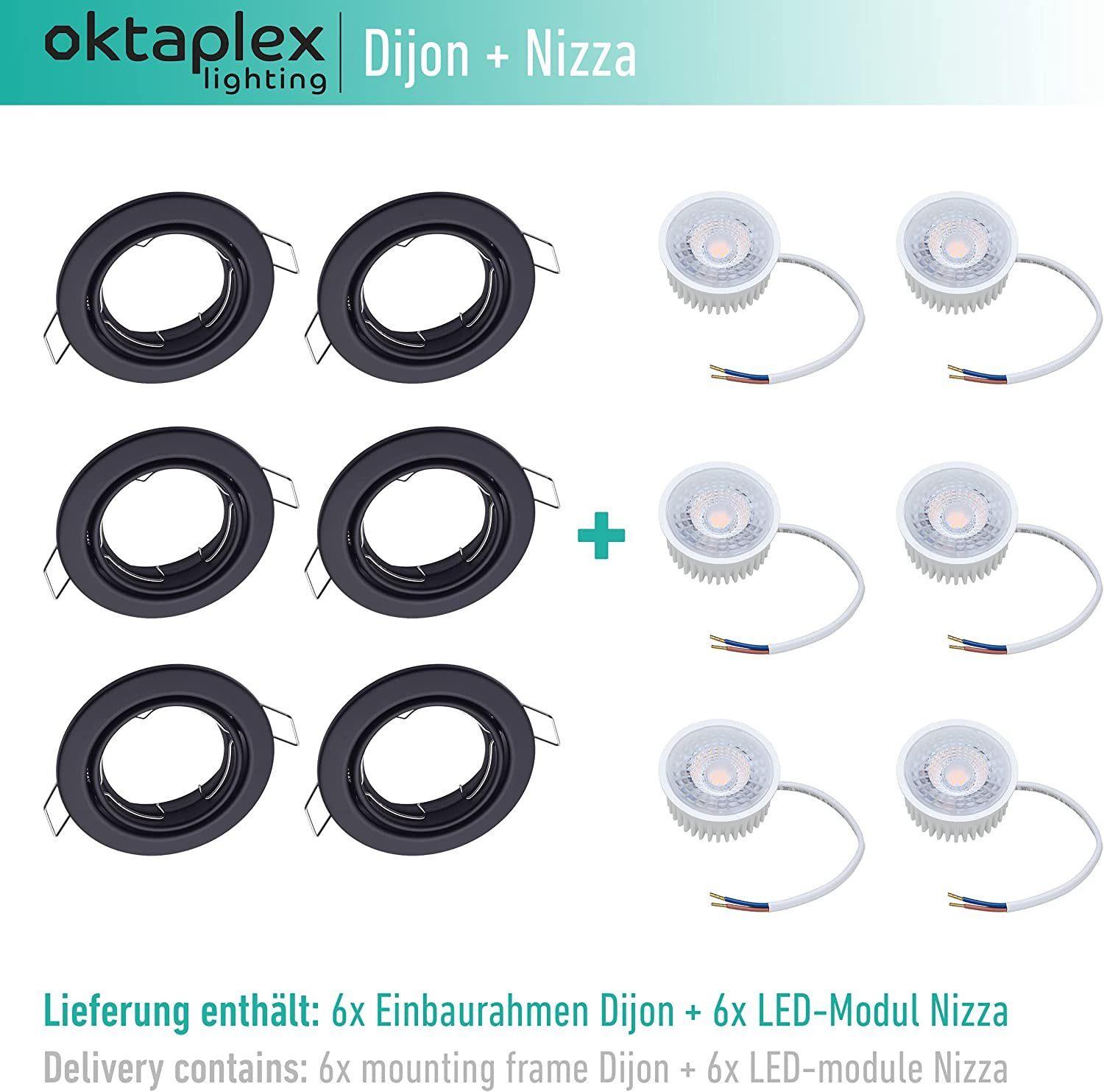 Oktaplex lighting wechselbar, Module LED Leuchtmittel inkl. Kelvin LED Set Dimmung, 380 Lumen, 3-Step warmweiß, flach 4,8W schwarz 3000 Einbaustrahler Deckenspot LED 230V 6er schwenkbar