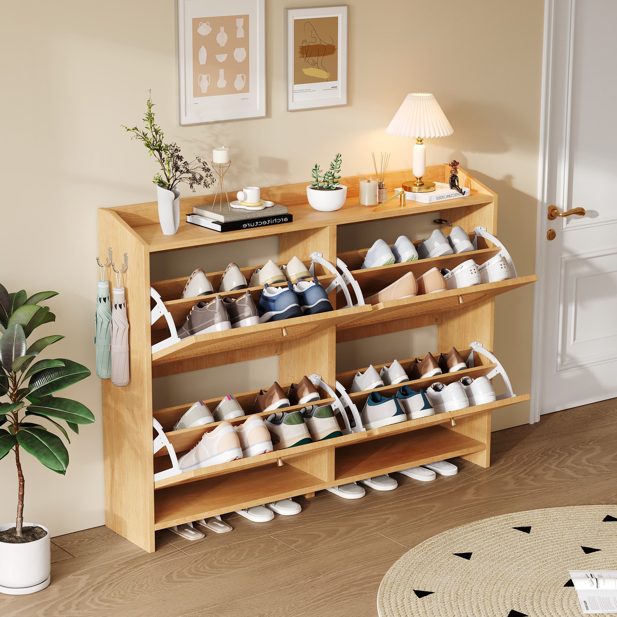 Merax Schuhschrank mit Rattan-Türen, Schuhkommode in Natur (1-St., Flur- und Eingangsbereich) Schuhregal mit 4 Klapptüren, 8 Fächern, 2 Haken & Stauraum,120x24x90cm