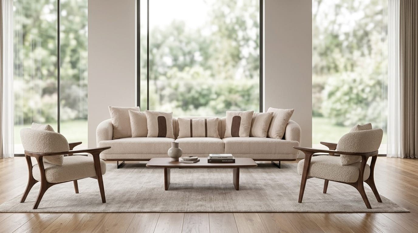 Xlmoebel Polstergarnitur Sofa Set 4+1+1-Sitzer Beige Textil Holz Modern Zeitgenössisch Komfort, (3-tlg., 4-2-0)