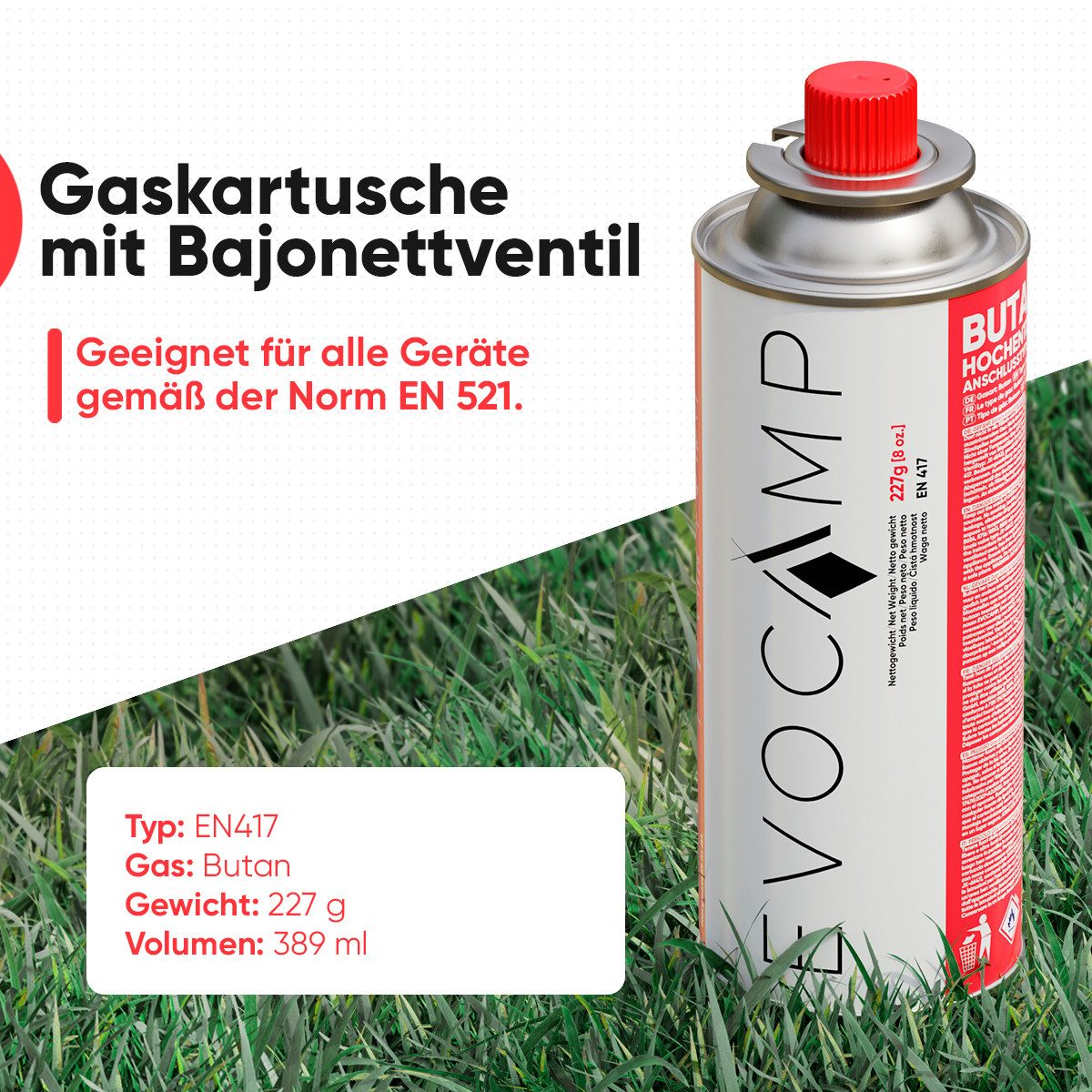 EVOCAMP Gaskartusche Butangas Gaskartusche Typ MSF-1a 227g mit Ventil, Zubehör für Campingkocher, Gasheizung, Gasbrenner, Gaskocher, 4 St., 4 Kartuschen – Bild 2 von 5