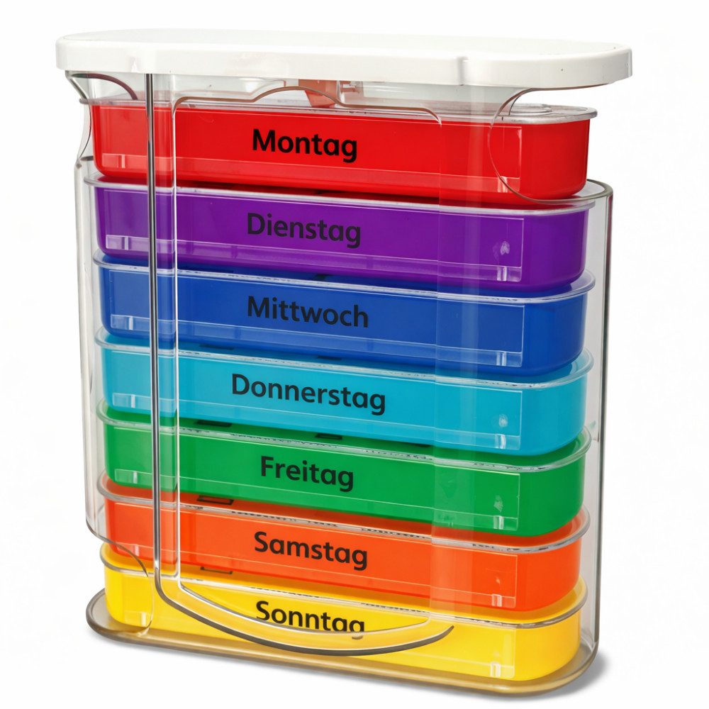 IEA Medical Pillendose Medikamentenbox 7 Tage mit 4 Fächern pro Tag (1 St), Farbcodierte Wochentage, reisefreundliche Pillenbox, sicher verstaut