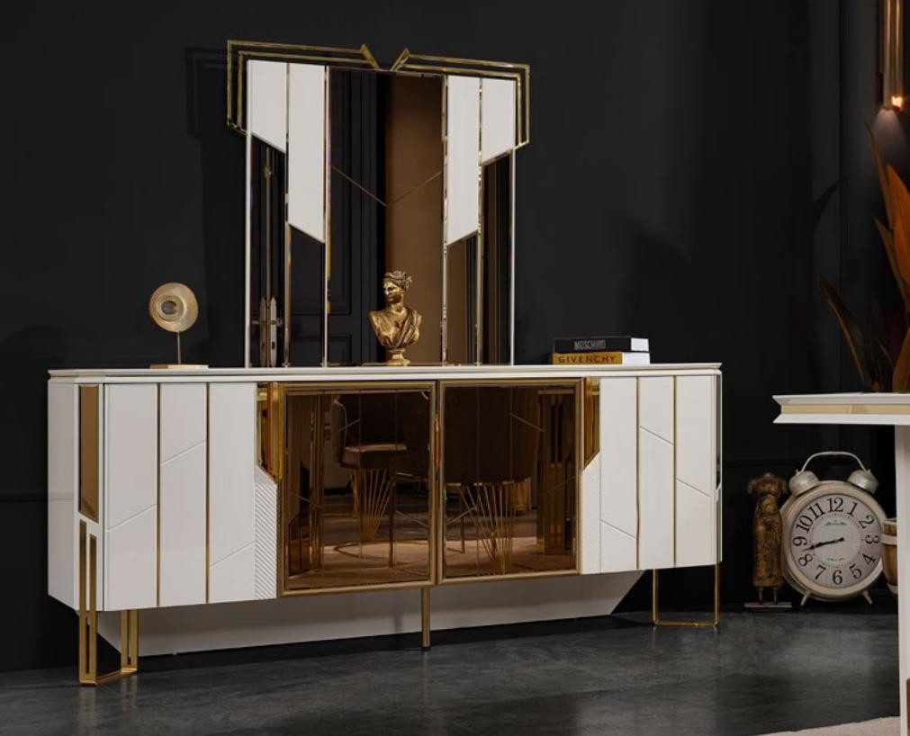 Xlmoebel Sideboard Elegantes weißes Holzsideboard mit integriertem Spiegel und Stauraum (Sideboard mit Spiegel, 2 St., Set Sideboard + Spiegel), Hergestellt in Europa