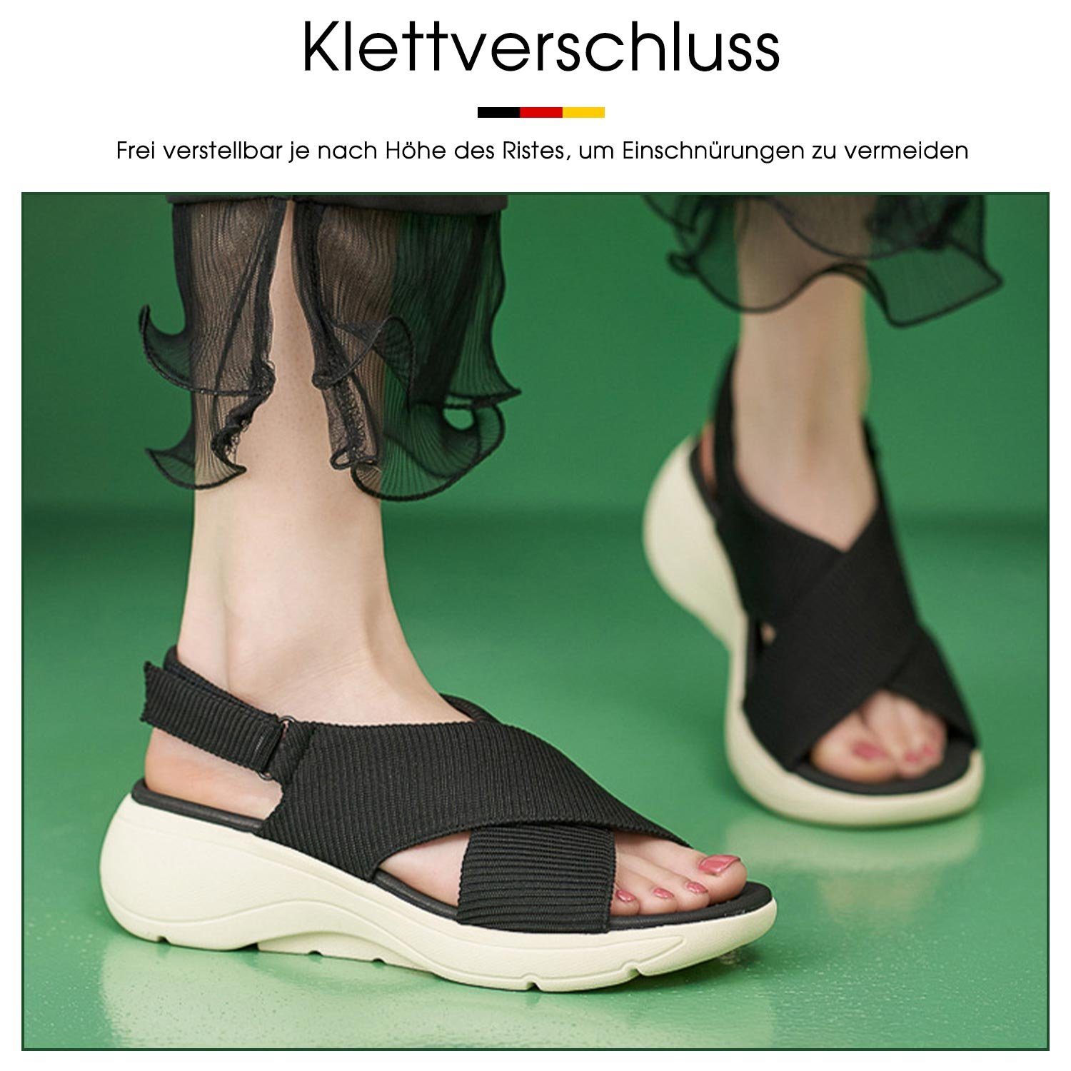 Damenschuhe, Soft MAGICSHE schwarz Mesh waschbar Gleitsandalen Riemchensandale Casual Riemen Sohle Orthopädische mit