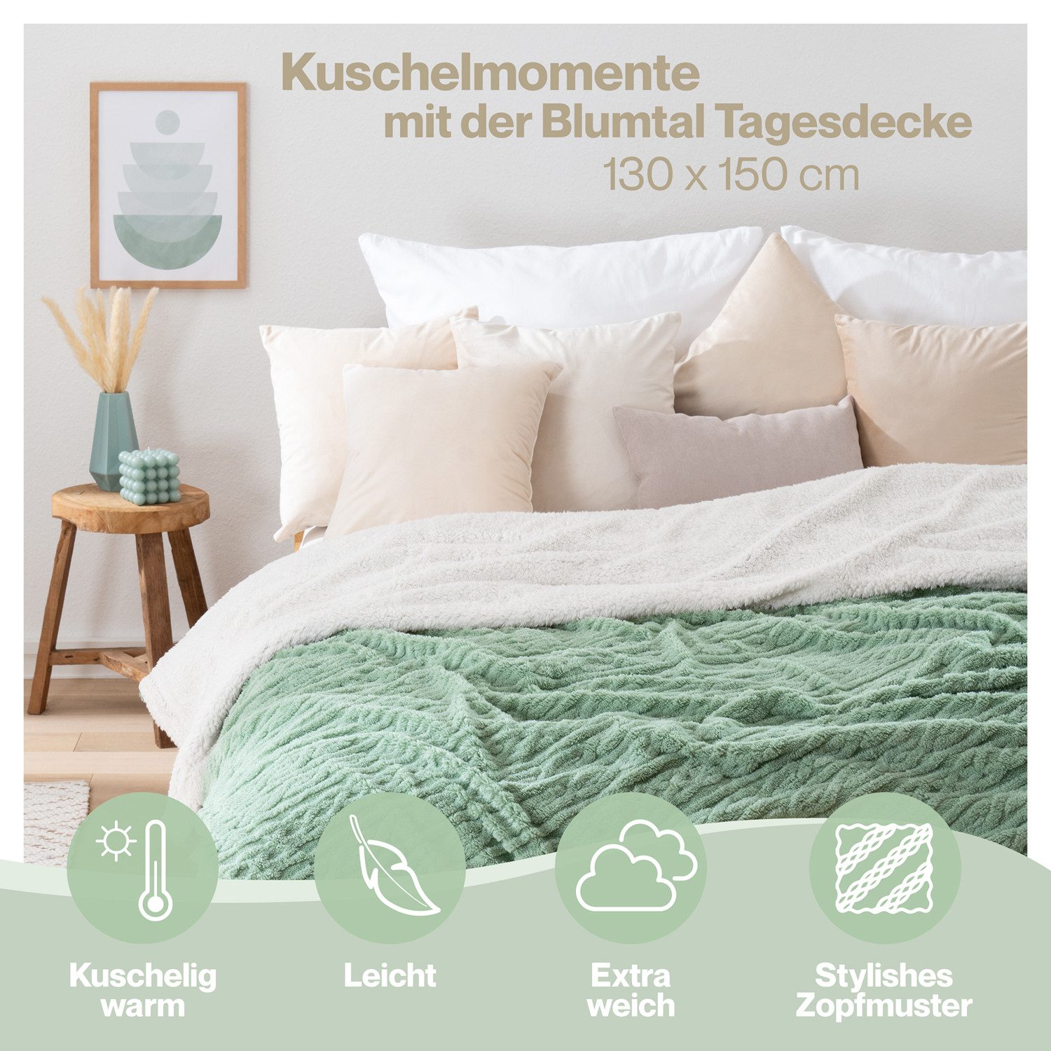 Wohndecke Oeko-TEX zertifizierte waschbare Wohn- & Kuscheldecke, Blumtal, mit weicher Sherpa-Innenseite