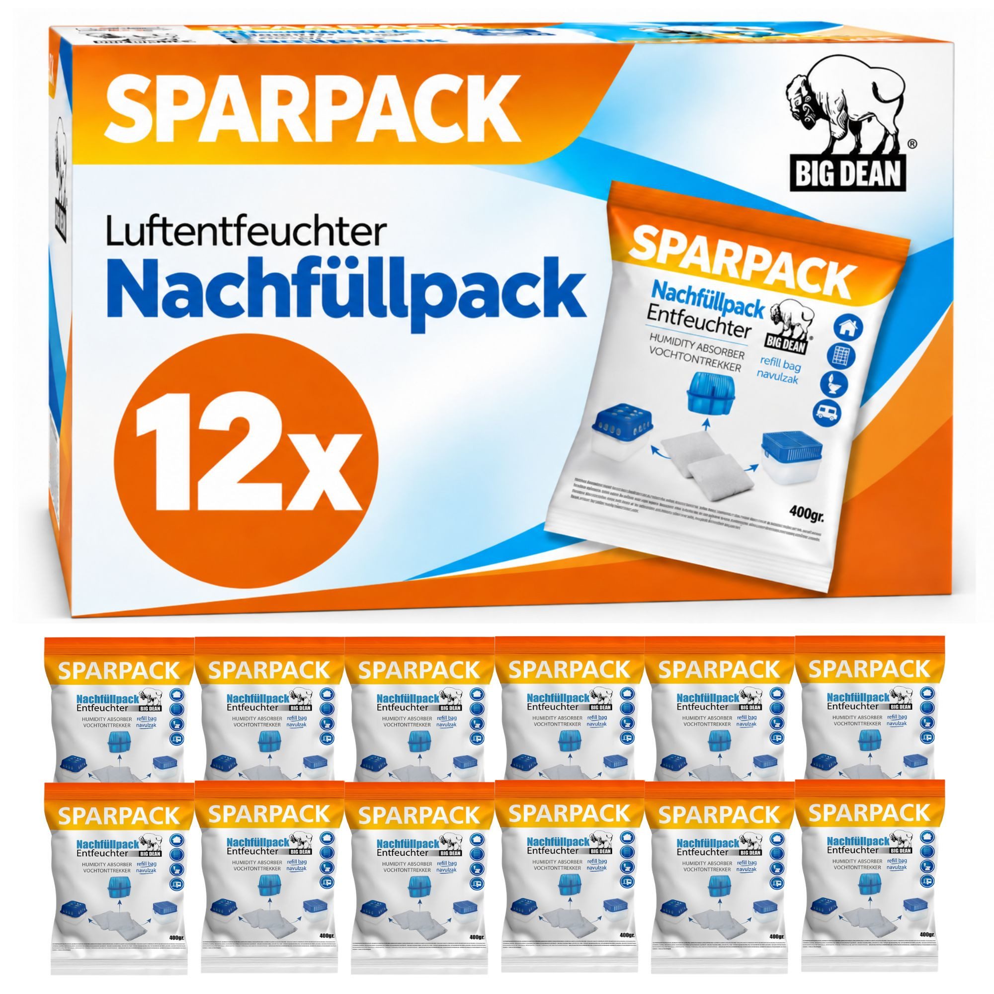 BigDean Luftentfeuchter + Nachfüllpacks 400g Entfeuchter Granulat Raumentfeuchter, 12x Luftentfeuchter Granulat 400g Edition 2027
