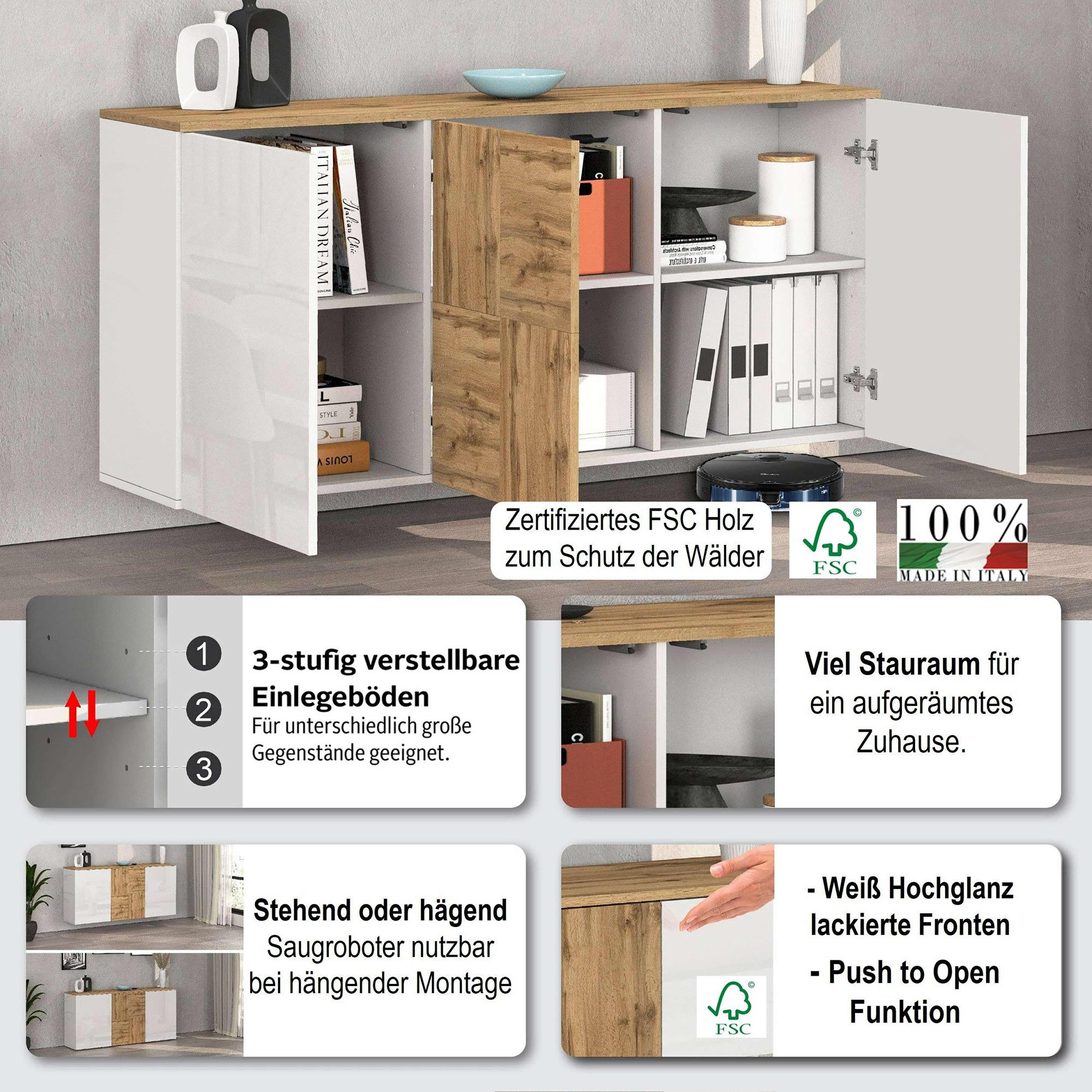OTTO home Sideboard ISEO, Kommode, Schrank, Sideboard, Lowboard, 6 Fächer, Breite 150 cm (1 St), stehend/hängend, 3 Türen Hochglanz lackiert, Made in Italy