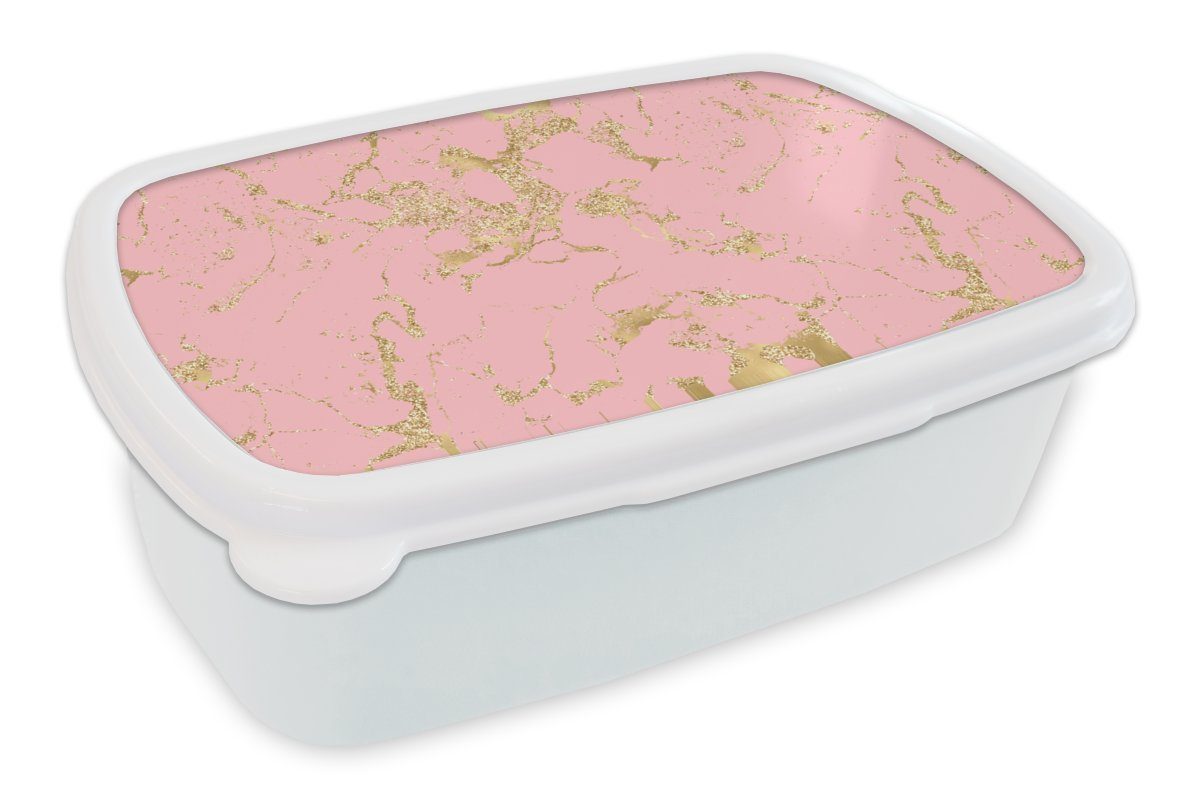 MuchoWow Lunchbox Gold - Glitzer - Marmor - Rosa, Kunststoff, (2-tlg), Brotbox für Kinder und Erwachsene, Brotdose, für Jungs und Mädchen weiß