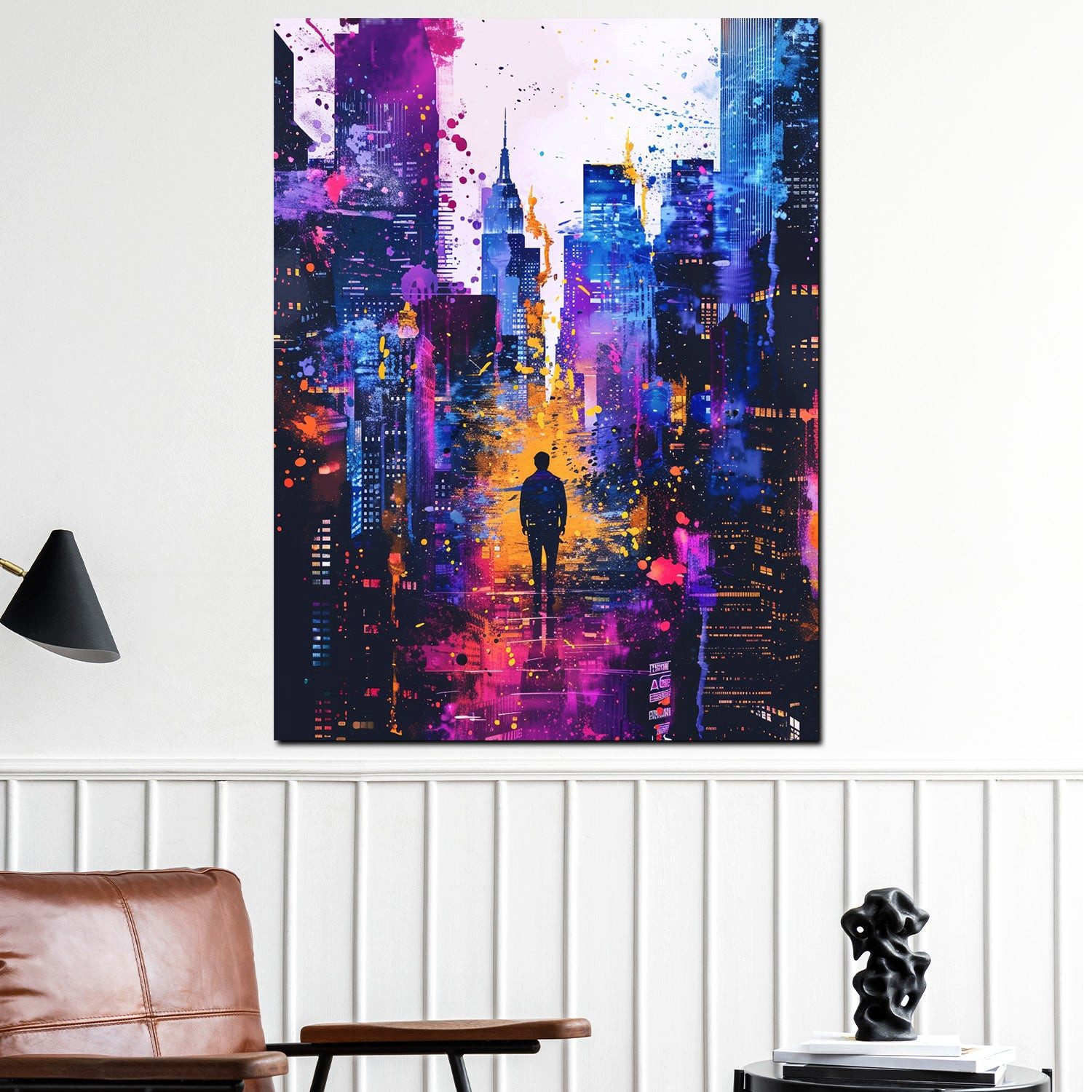 Artedinoi Leinwandbild New York Skyline Figur violett Modern Leinwandbild Wandbild XXL, New Yorker Skyline, bunt