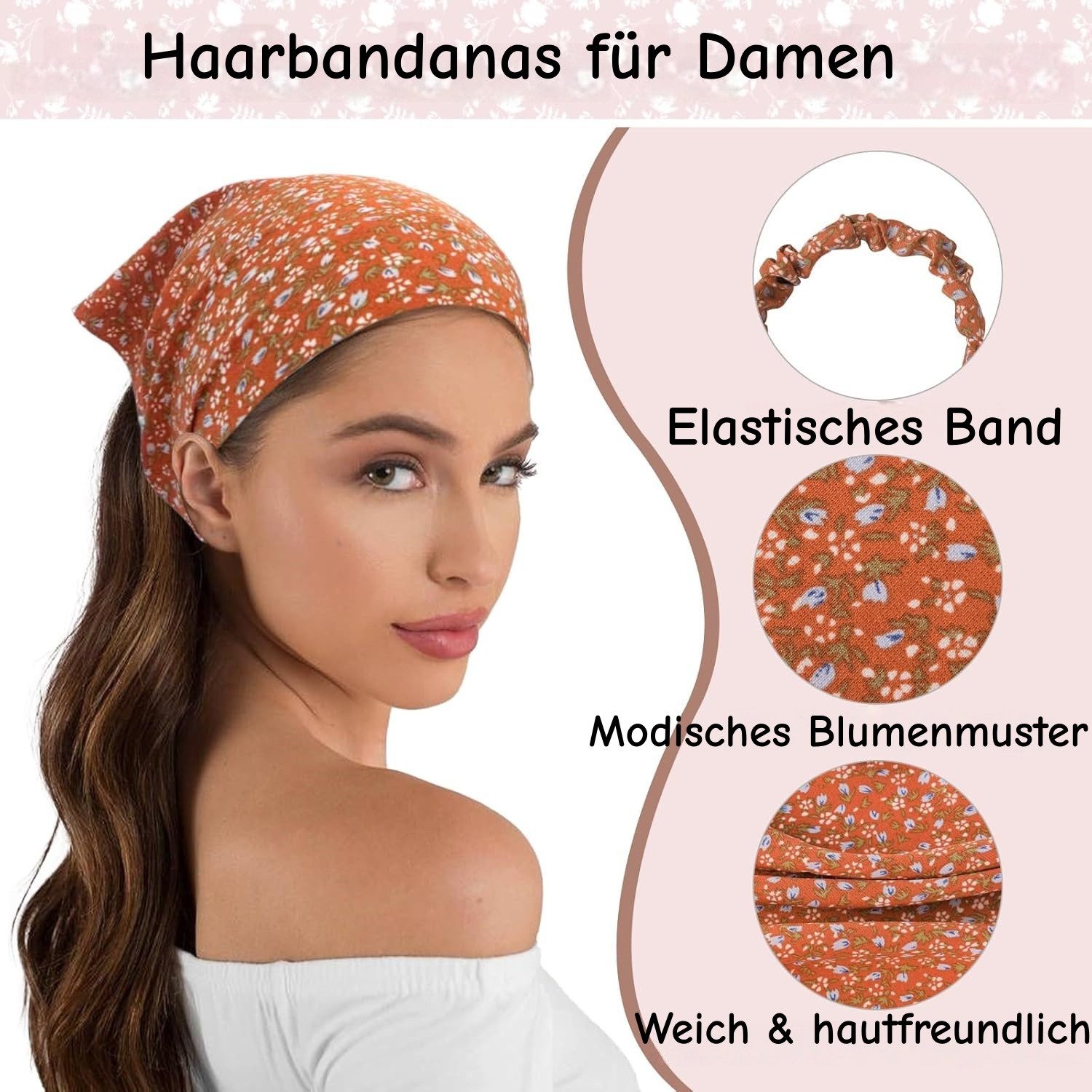 Zaewry Stirnband 5 Stück Boho Damen Blumen Stirnbänder Dreieck Kopftüchern (Chiffon Bandanas Süßes Turban Haarbänder, 5-St) Elastische Haarschal Kopfzubehör für – Bild 4 von 5