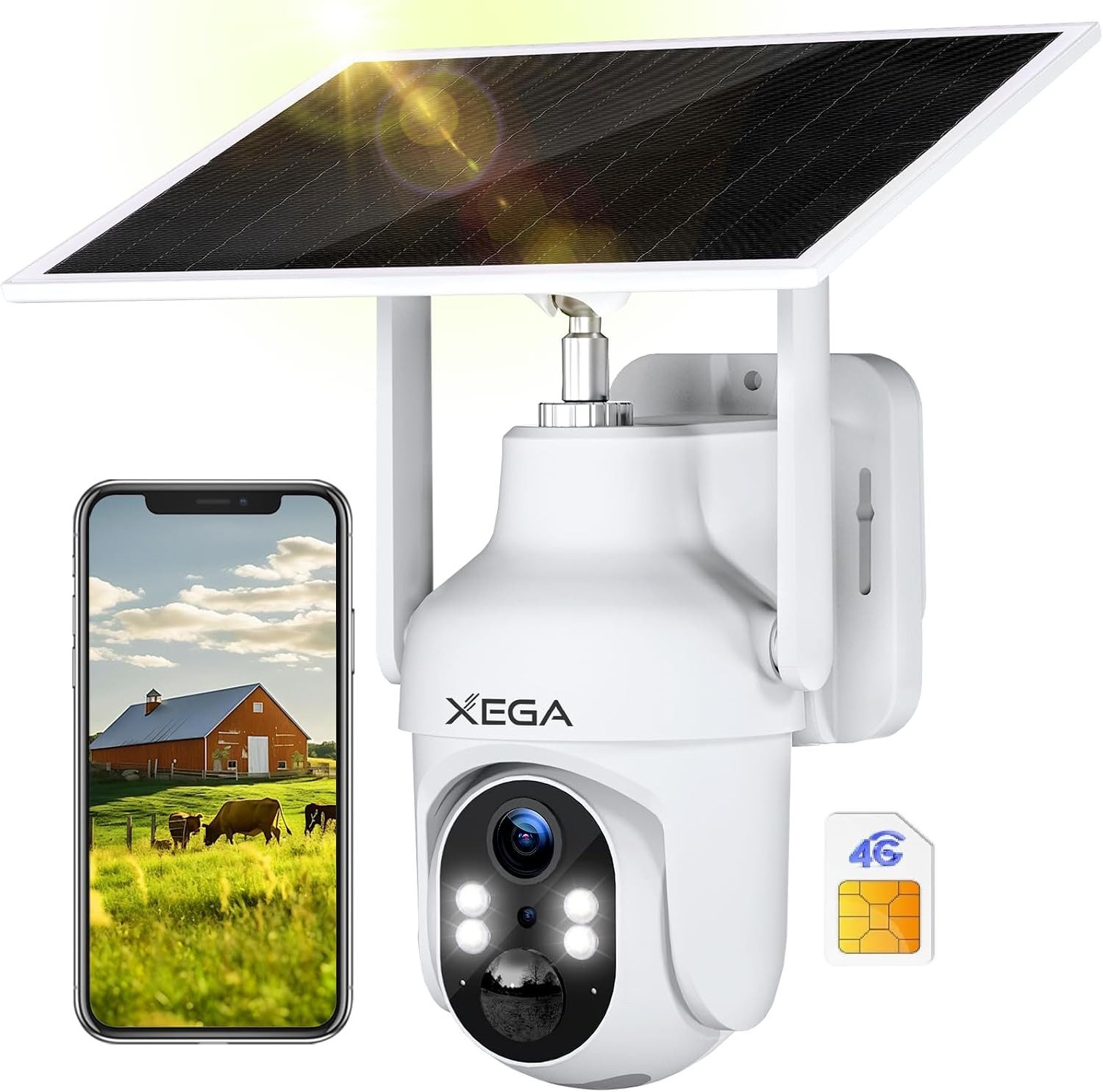 XEGA Überwachungskamera 4G LTE Überwachungskamera Aussen Solar mit SIM Karte,Kamera ohne WLAN (Set, PIR Erkennung,Cloud/TF,IP66,4G-Datenvertrag erforderlich, 6W Solarpanel+ 10400mAh Akku,PTZ,Farb/IR Nachtsicht, 2-Wege-Audio)