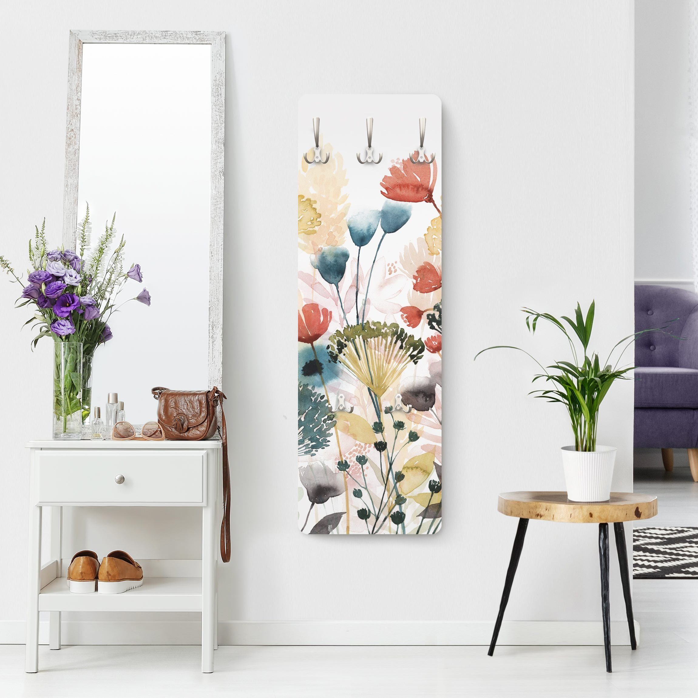 Bilderdepot24 Garderobenpaneel bunt Aquarell Blumen Floral Kunst Landhaus Wildblumen im Sommer II (ausgefallenes Flur Wandpaneel mit Garderobenhaken Kleiderhaken hängend), moderne Wandgarderobe - Flurgarderobe im schmalen Hakenpaneel Design