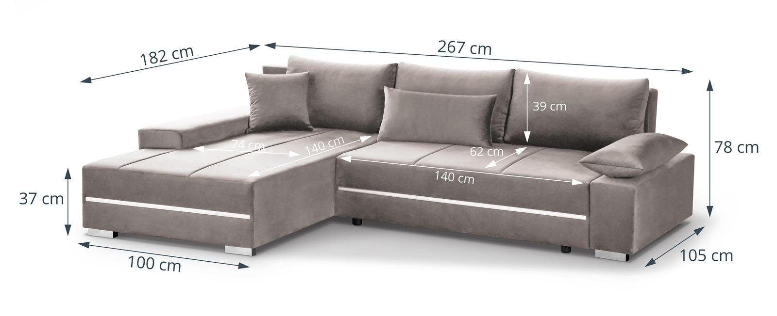 Beige Ecksofa und inklusive Schlaffunktion Sofa, RGB-LED-Beleuchtung Aron, Eckcouch mit Bettkasten,modernes Beautysofa LED 16) (riviera