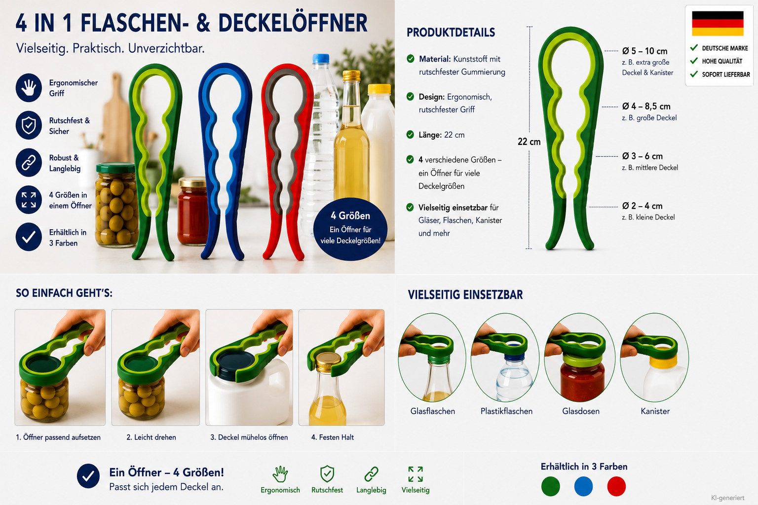 HH-Haushalt Flaschenöffner Flaschen + Dosenöffner Multifunktion 4 in 1 Grün