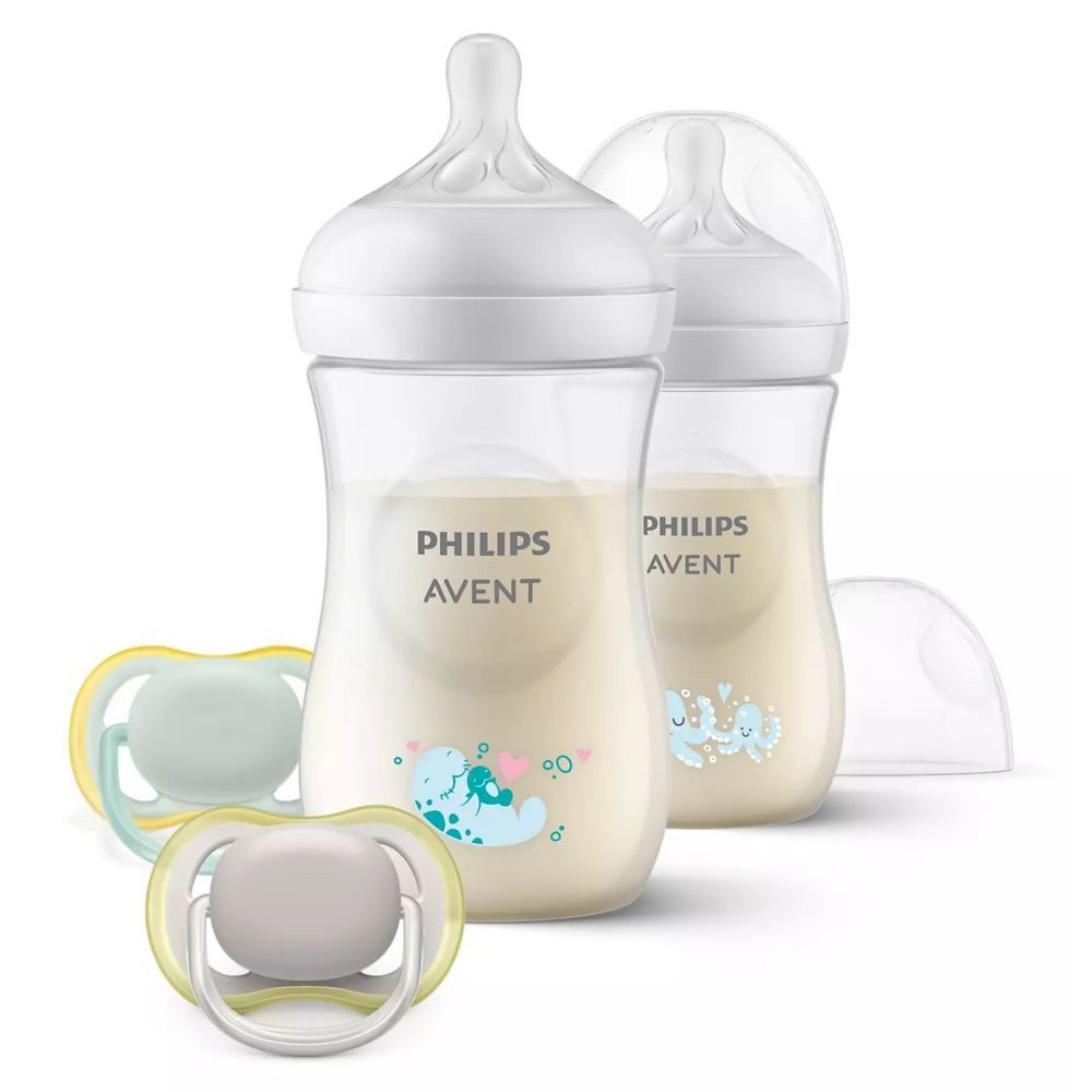 Philips AVENT Babyflasche Starter-Set Natural, 4-tlg. Starter-Set - 2 Baby Flaschen mit Silikon-Saugern + 2 Schnuller