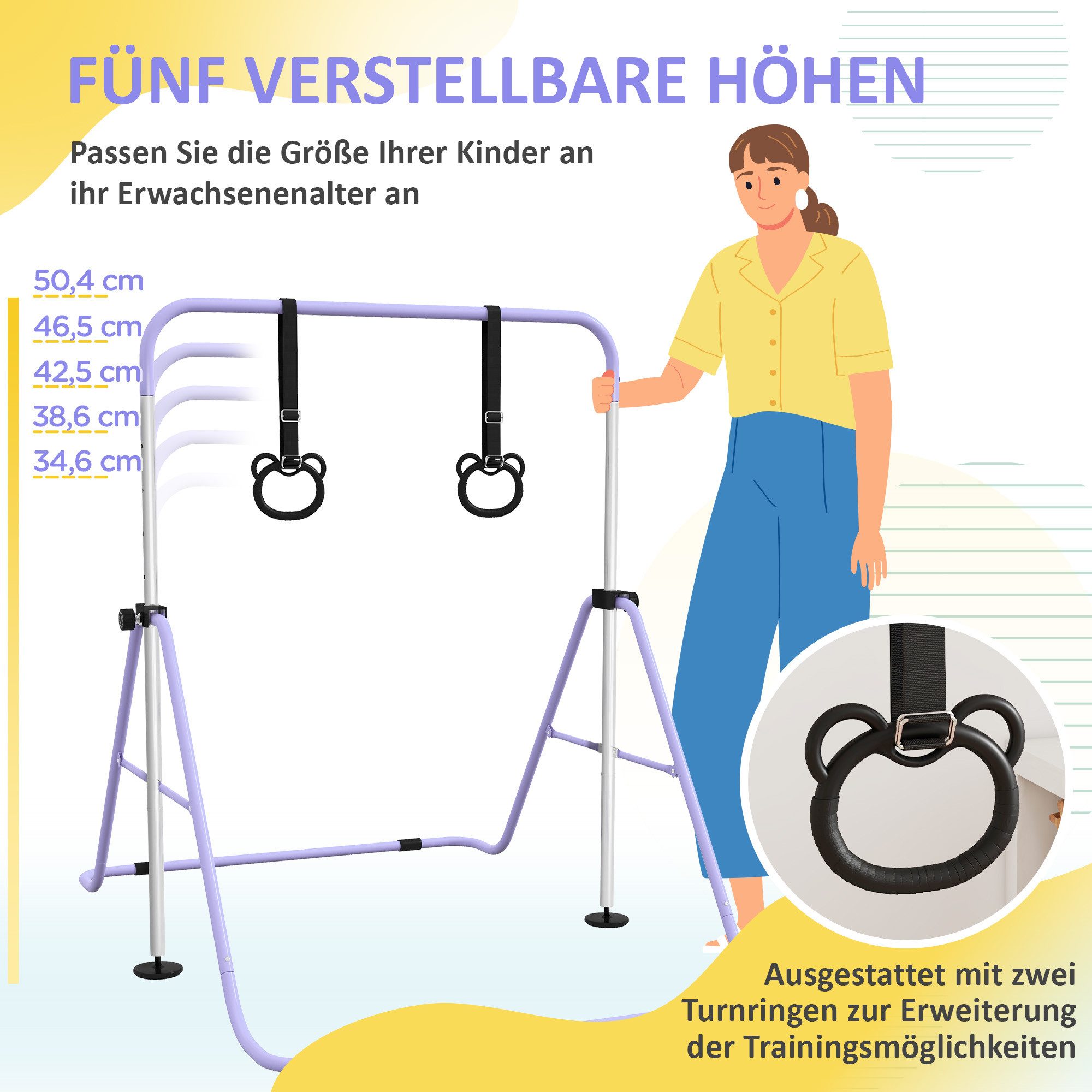 HOMCOM Turnreck Gymnastikstange für Kinder, Turnstange ab 3 Jahre, 88-128cm, (Reckanlage, 1-St., Reckstange), für Indoor bis 50 kg belastbar Stahl Violett – Bild 4 von 5
