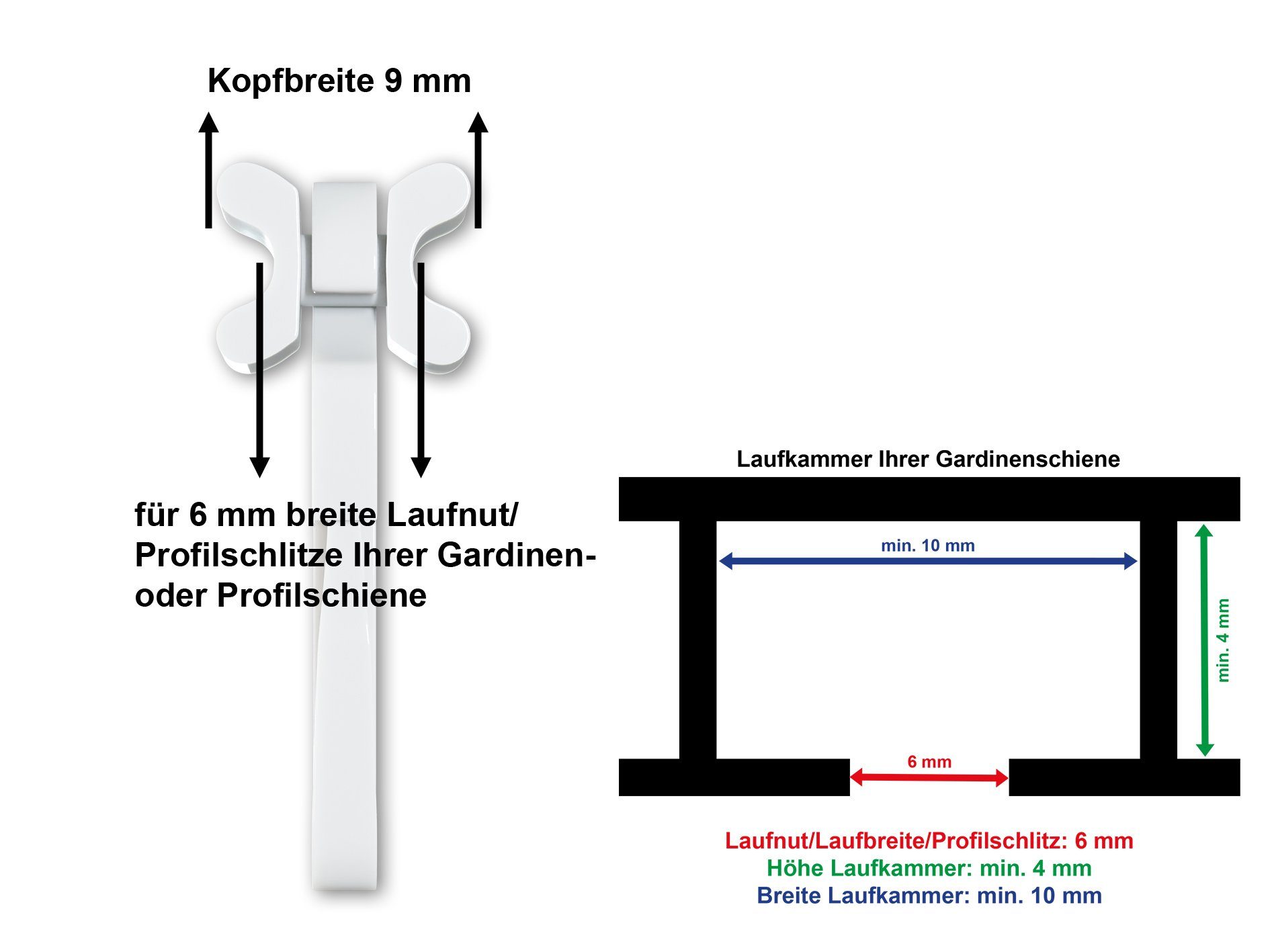 dekohaken24.de Gardinengleiter X-Gleiter/Gardinengleiter/Faltengleiter in weiß, für Gardinenschienen mit 6mm breiten Profilschlitzen, (100-St), mit verschließbarem Faltenlegehaken