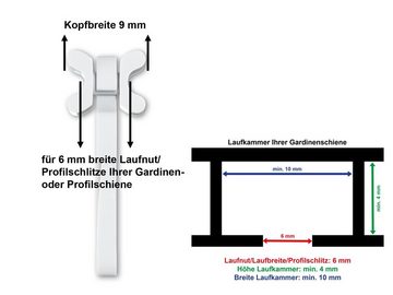 Gardinengleiter X-Gleiter/Gardinengleiter/Faltengleiter in weiß, dekohaken24.de, für Gardinenschienen mit 6mm breiten Profilschlitzen, (100-St), mit verschließbarem Faltenlegehaken
