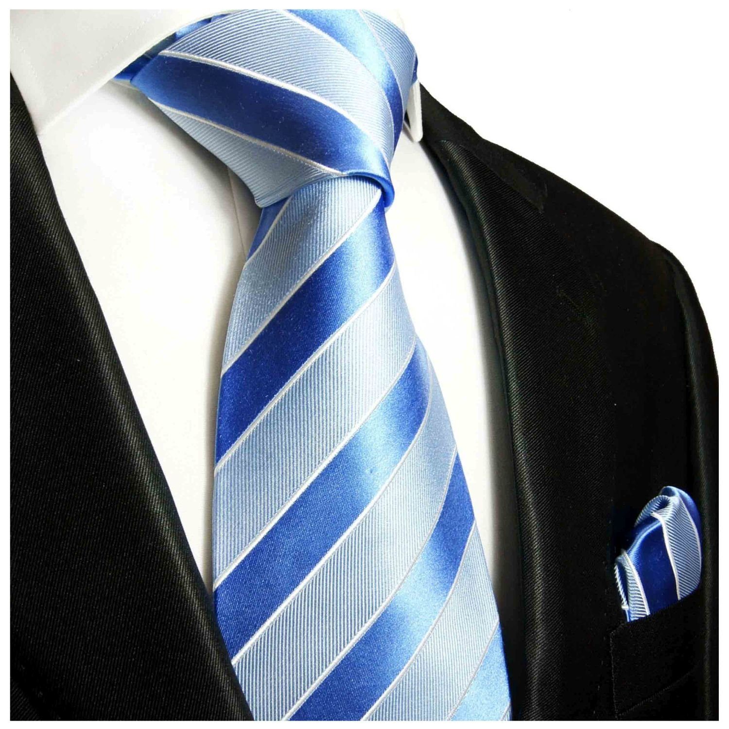 Paul Malone Krawatte Seidenkrawatte und Tuch Herren Schlips modern gestreift 100% Seide (Set, 2-St., Krawatte mit Einstecktuch) Schmal (6cm), blau 763