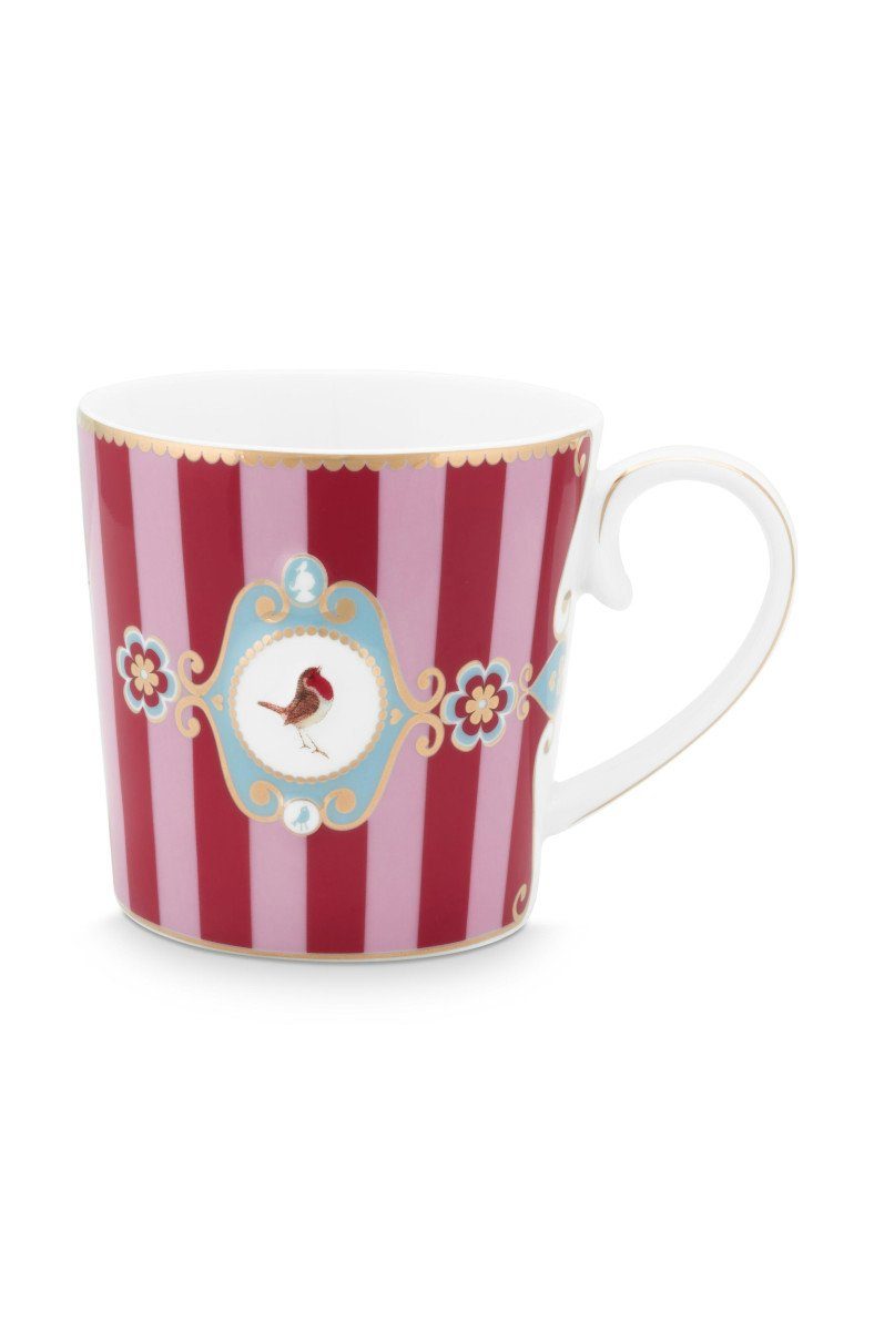 PiP Studio Becher Love Birds Medaillion Henkelbecher Stripes rot/pink 250ml, Bone China, Mug Large Love Birds Medallion Stripes Red-Pink 250ml