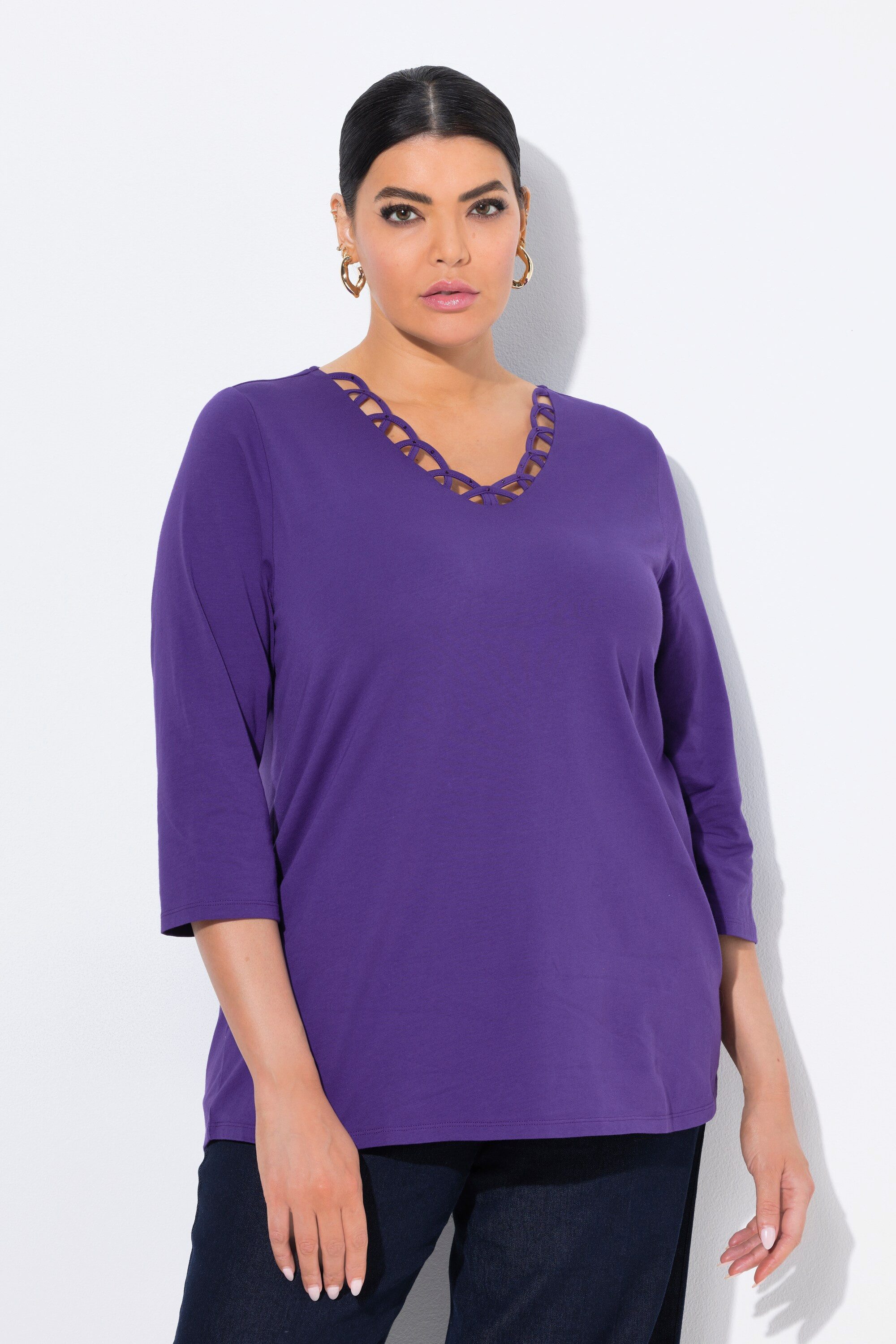 Ulla Popken T-Shirt Shirt verzierter V-Ausschnitt Classic 3/4-Arm günstig online kaufen