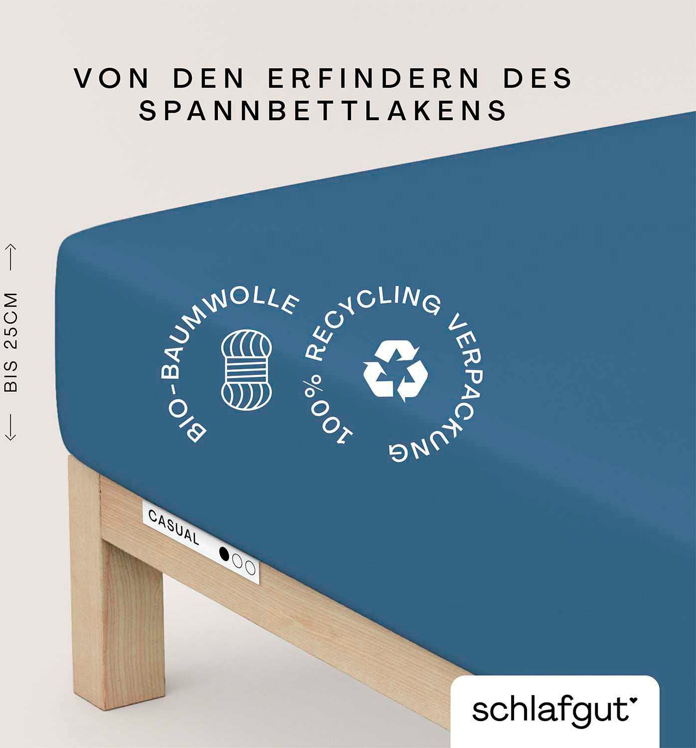 Schlafgut Spannbettlaken CASUAL Bettlaken 100% gekämmte Bio-Baumwolle, 150 g/m², Spannbetttuch, Jersey, Gummizug: rundum, (1 Stück), Bettlaken bis 25 cm Höhe, langlebig, weich, Antipilling-Ausrüstung