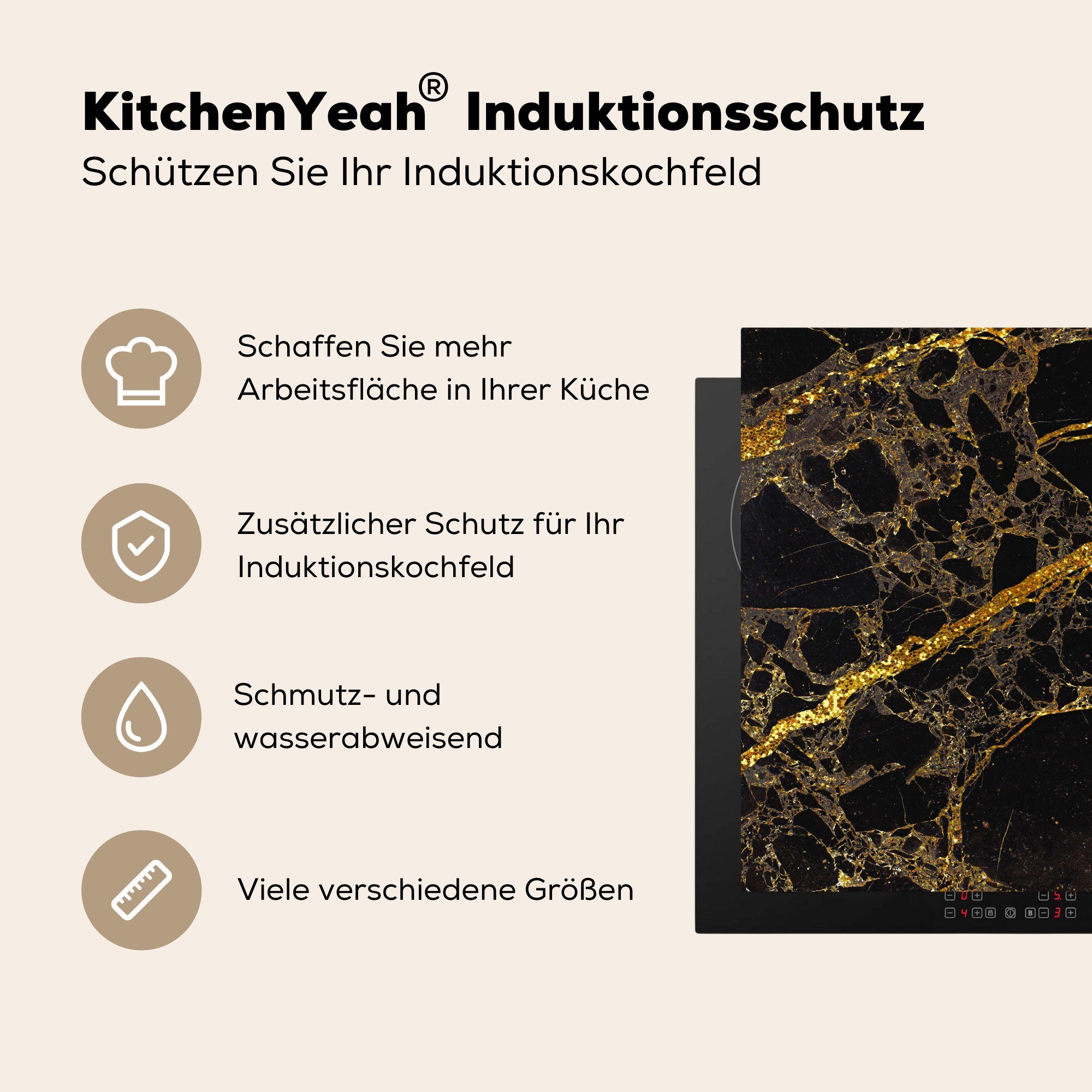 MuchoWow Herdblende-/Abdeckplatte Marmor - für Trendy, Gold - Arbeitsplatte Vinyl, - küche Ceranfeldabdeckung, (1 cm, Schwarz 78x78 tlg)