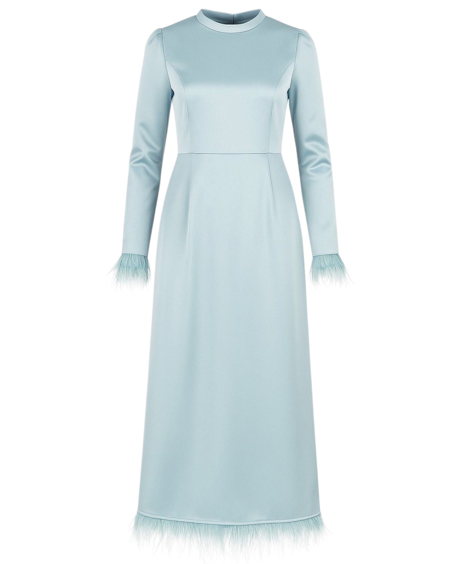 fashionshowcase Satinkleid Damen Abendkleid schlicht Abiye Abaya Modest Fashion Federdetails am Saum und an den Ärmelabschlüssen