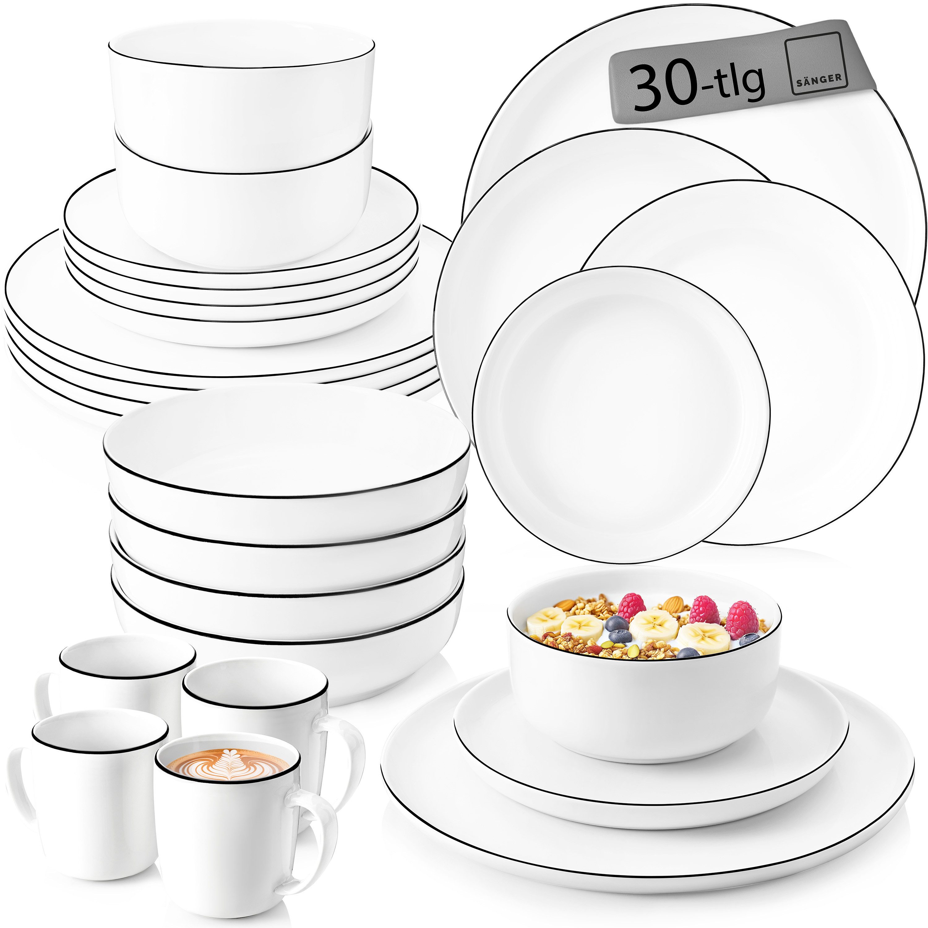 SÄNGER Tafelservice Marlo Geschirrset (30-tlg), 6 Personen, Porzellan, Black Rim, Weiß mit schwarzen Akzenten, Premium Collection