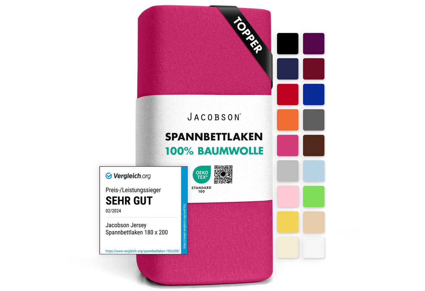 Jacobson Spannbettlaken TOPPER aus 100% Baumwolle, Jersey Bettlaken 160 g/m², Spannbetttuch mit Gummizug, pflegeleicht & viele Farben