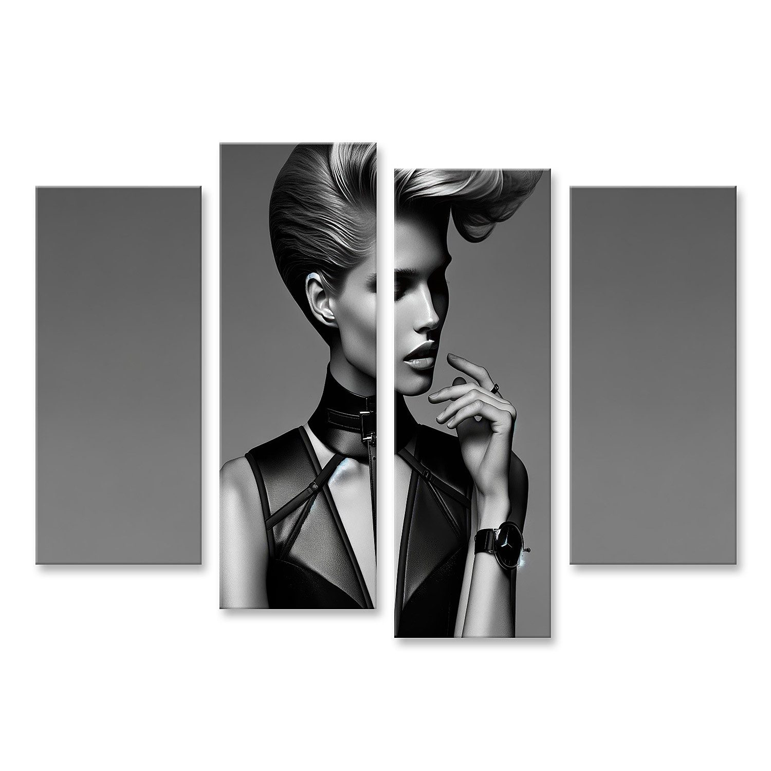islandburner Leinwandbild Eleganz in Monochrom Model mit Futuristischer Frisur und Designer-Uhr