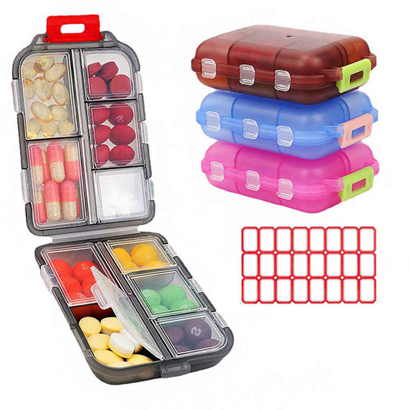 yhroo Pillendose 4-teilige Reisepillenbox mit Etiketten, 7 Tage. 10 Fächer. (4 St), Pocket Wallet Kleine Pillenbox, tragbarer Vitaminbehälter