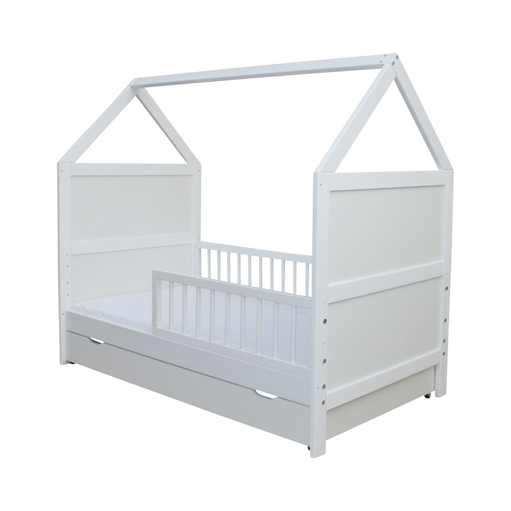 Micoland Hausbett Babybett Haus 140x70cm + Matratze + Schublade 0-6 Jahre (Bett mit Lattenrost, Matratze, Schublade, hohen und niedrigen Gittern), Hausbett mit Matratze, Schublade, umbaubar zum Juniorbett