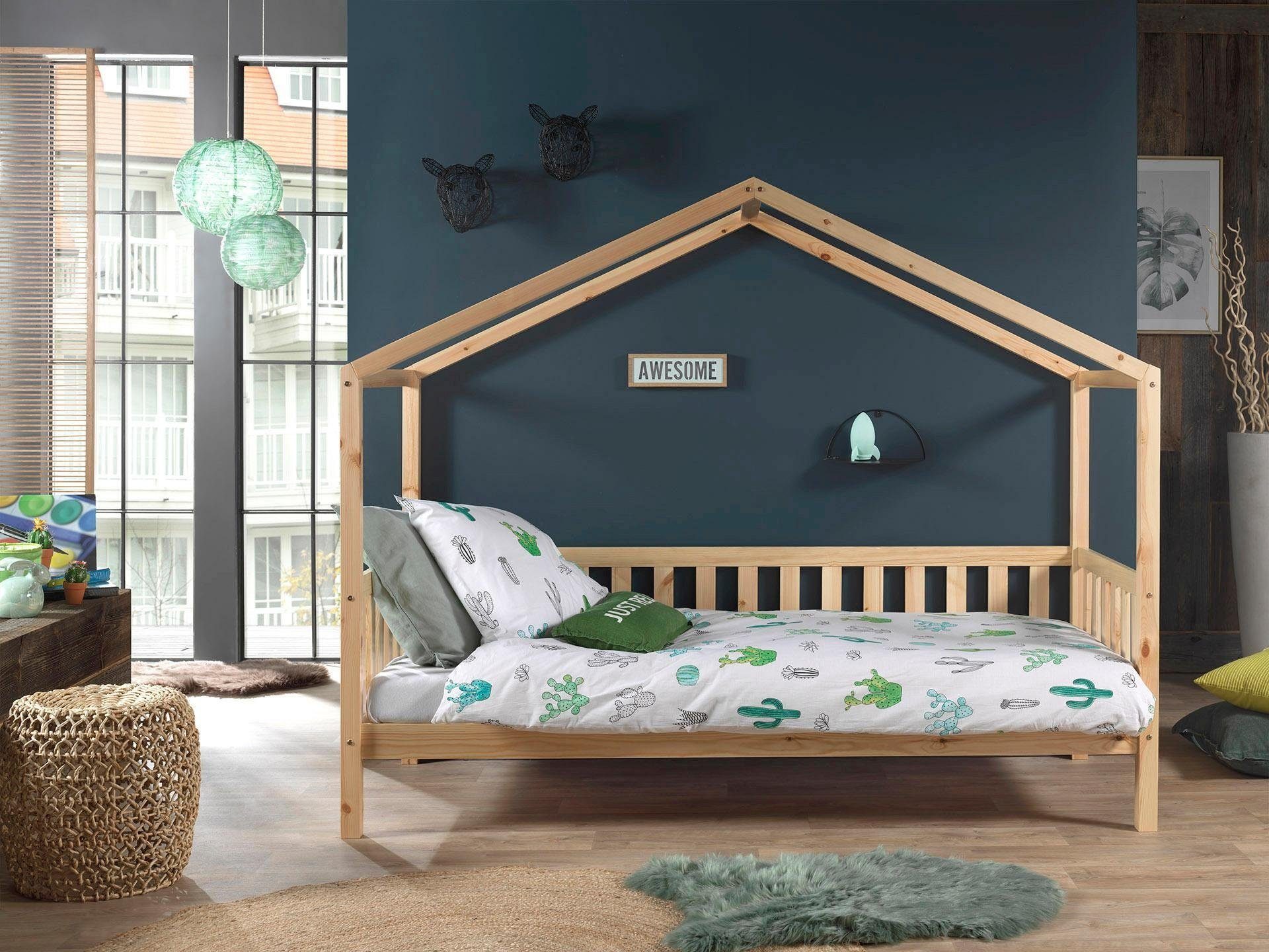 Vipack Hausbett Dallas, mit Dachaufbau, Kiefer massiv, stabil gebaut (B/H/T ca. 210x170x97cm, mit Sprossenumrandung), wahlweise mit oder ohne Bettschublade und Textilhimmel