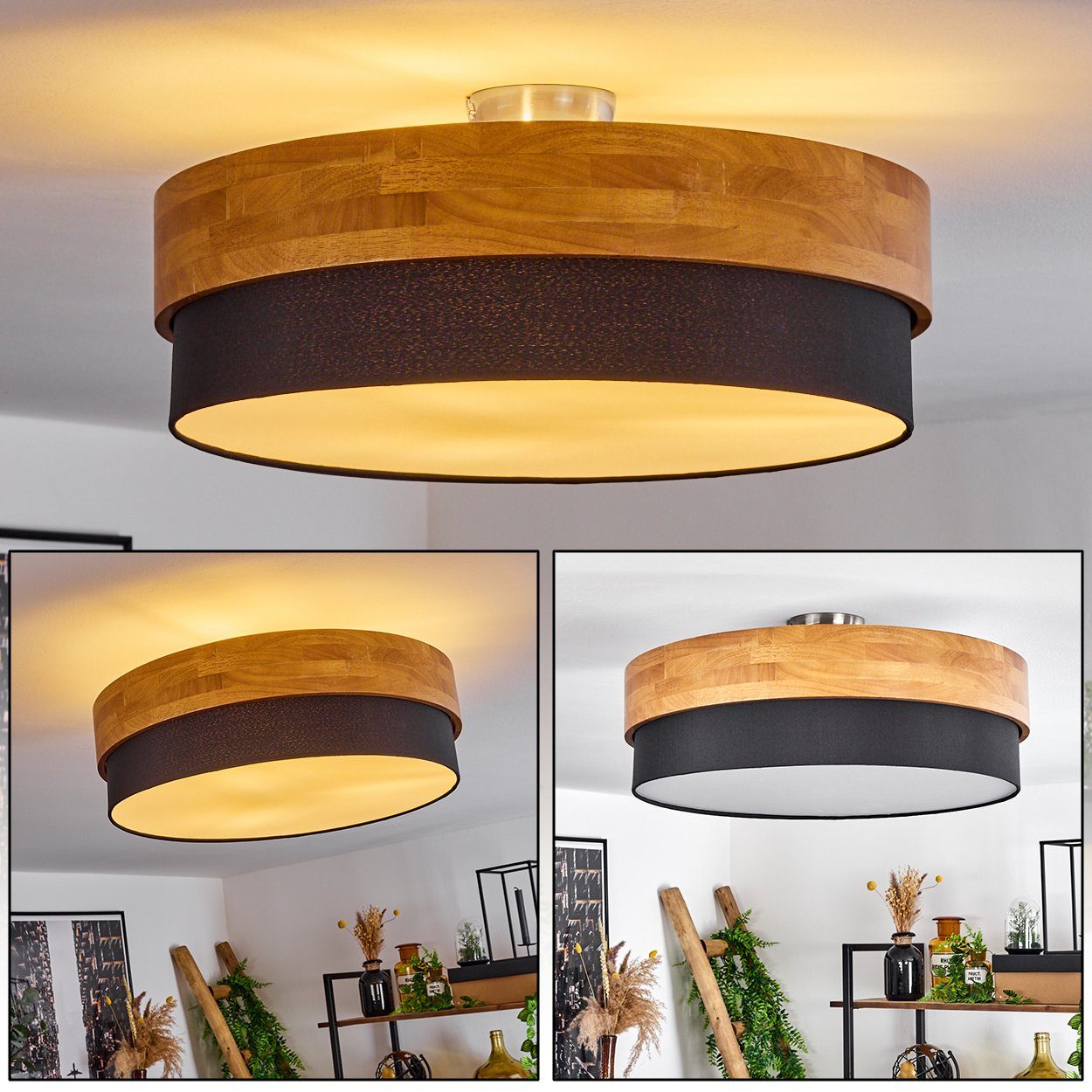 hofstein Deckenleuchte »Campitello« Deckenlampe, Metall/Holz/Stoff, Nickel-matt/Natur, ohne Leuchtmittel, Leuchte im skandinavischen Design, Ø47, 5cm, 3xE27, Schwarz, Weiß