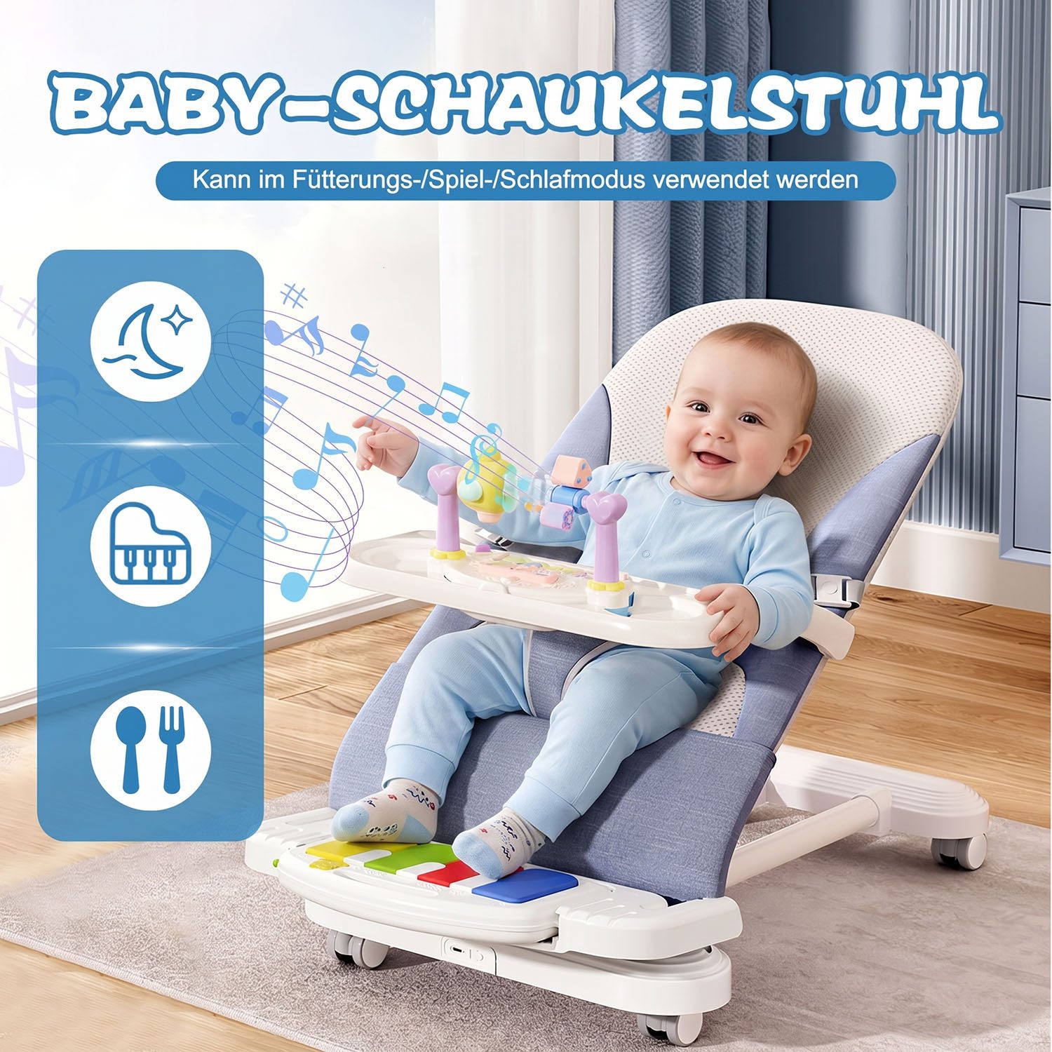 HEYHIPPO Kinderstuhl Babywippe 3-in-1 – mit Klavier, abnehmbarem Tablett, für 4–24 Monate (Packung), Baby-Schaukelwippe 41×81×61 cm, für Füttern & Spielen, max. – Bild 4 von 5
