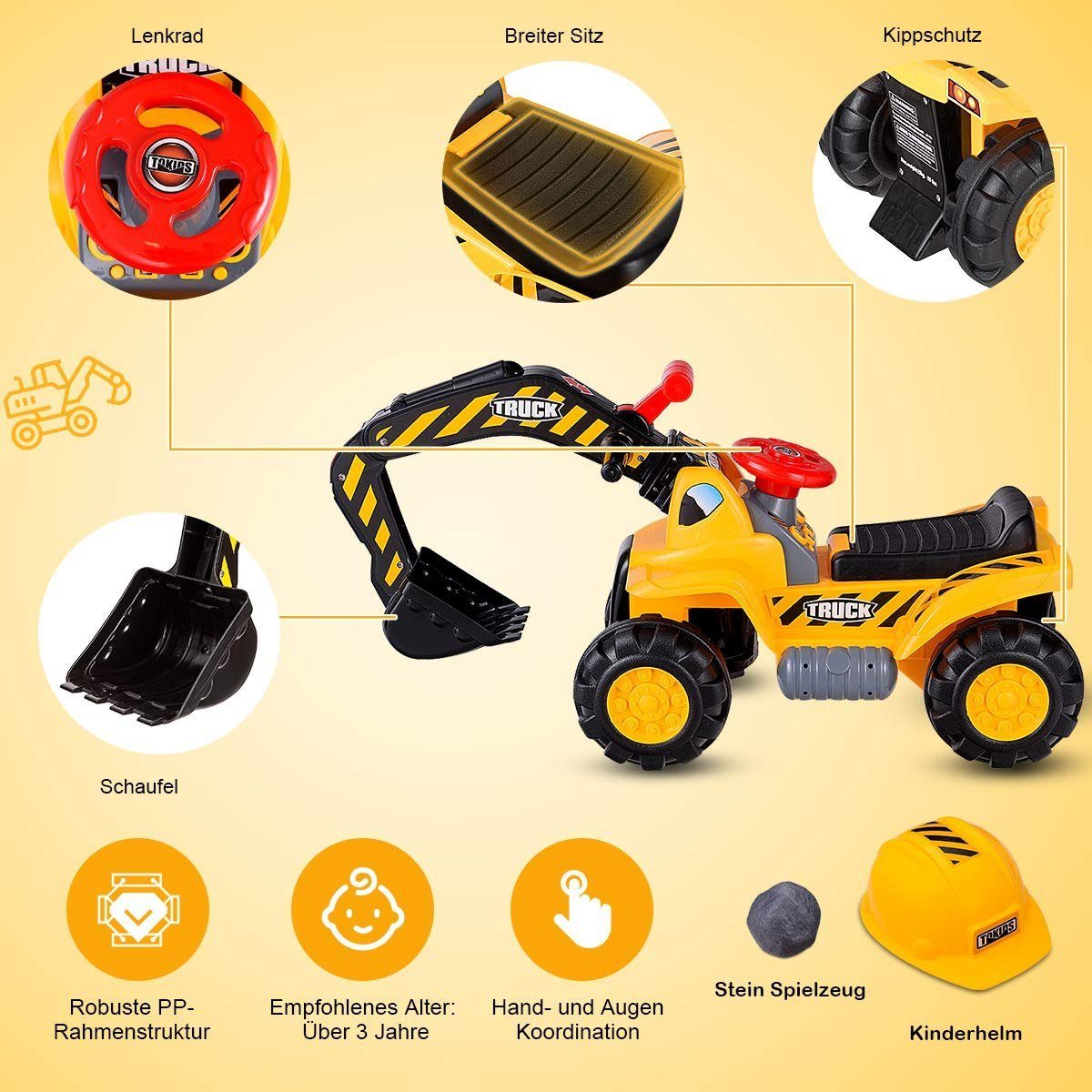 COSTWAY Spielzeug-Aufsitzbagger, mit eingebautem Ablagefach, mit Horn günstig online kaufen