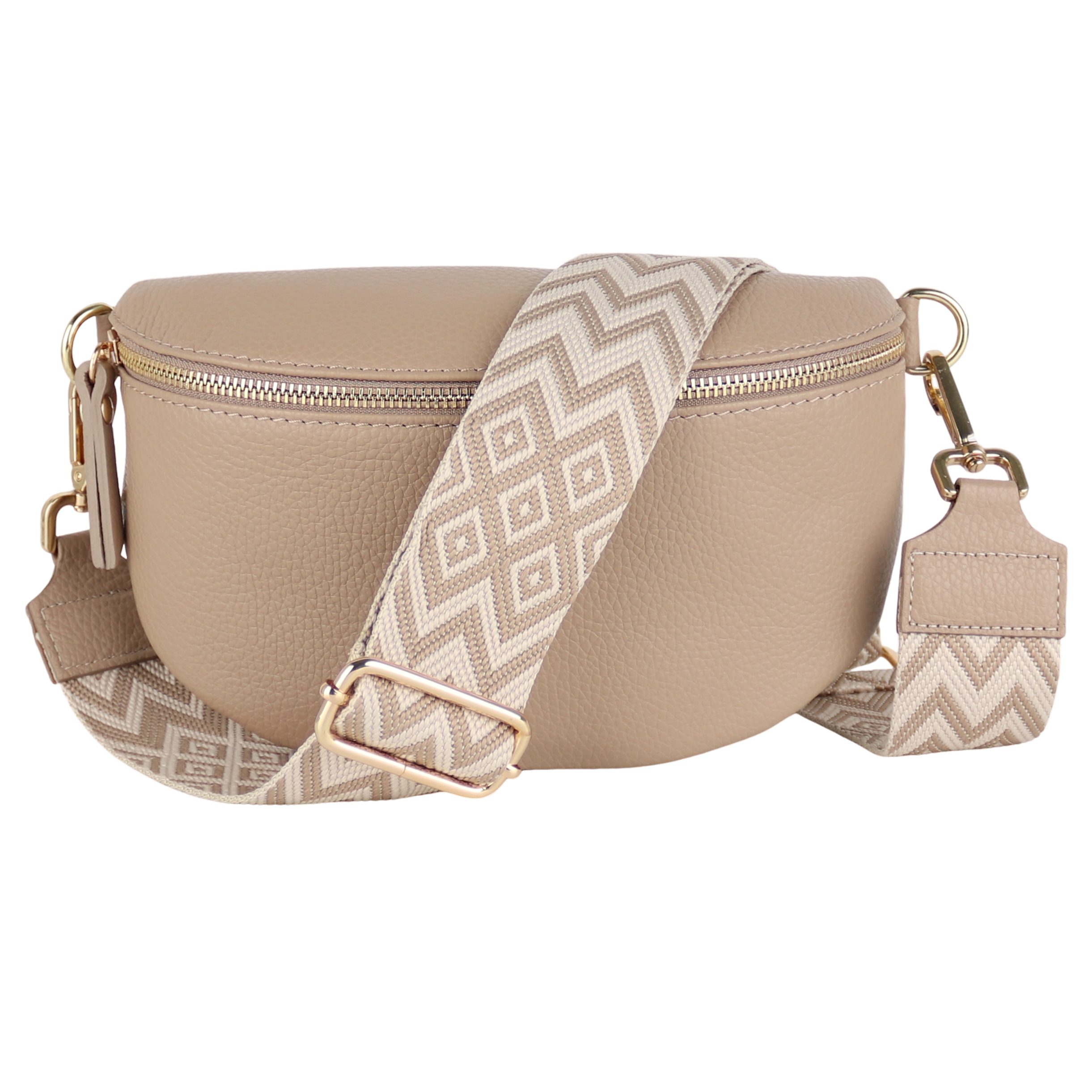 MIRROSI Bauchtasche mit GOLDENER Reißverschluss Damen, Echtleder, MADE IN ITALY, (Umhängetasche, Schultertasche auch Leder für jeden Anlass (1 Tasche & 2 Gurte), 3 Größen auswählbar, Brusttasche), Crossbody Bag, Gold, gemusterten& verstellbaren Schulterri