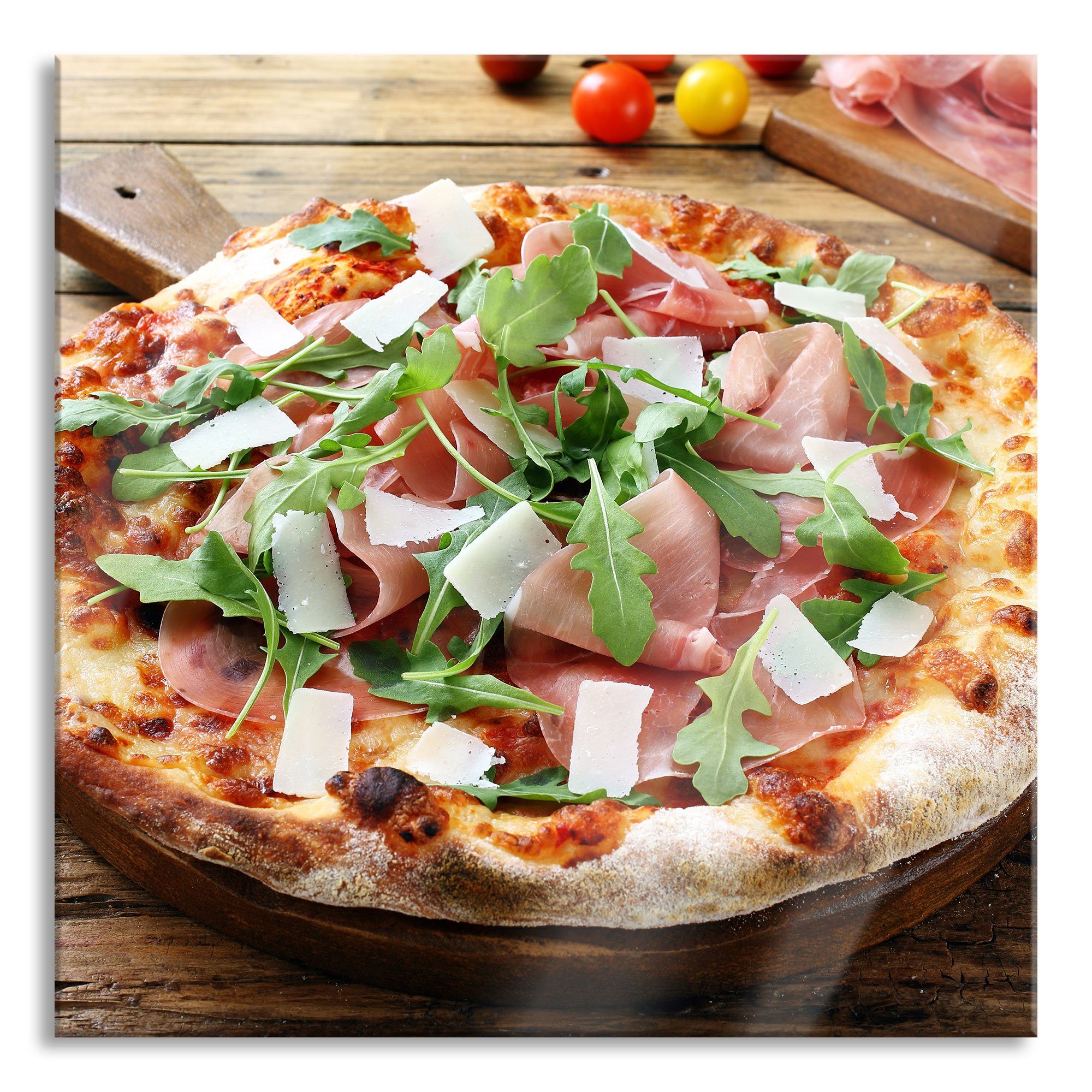 Pixxprint Glasbild Prosciutto Pizza auf Holztisch, Prosciutto Pizza auf Holztisch (1 St), Glasbild aus Echtglas, inkl. Aufhängungen und Abstandshalter