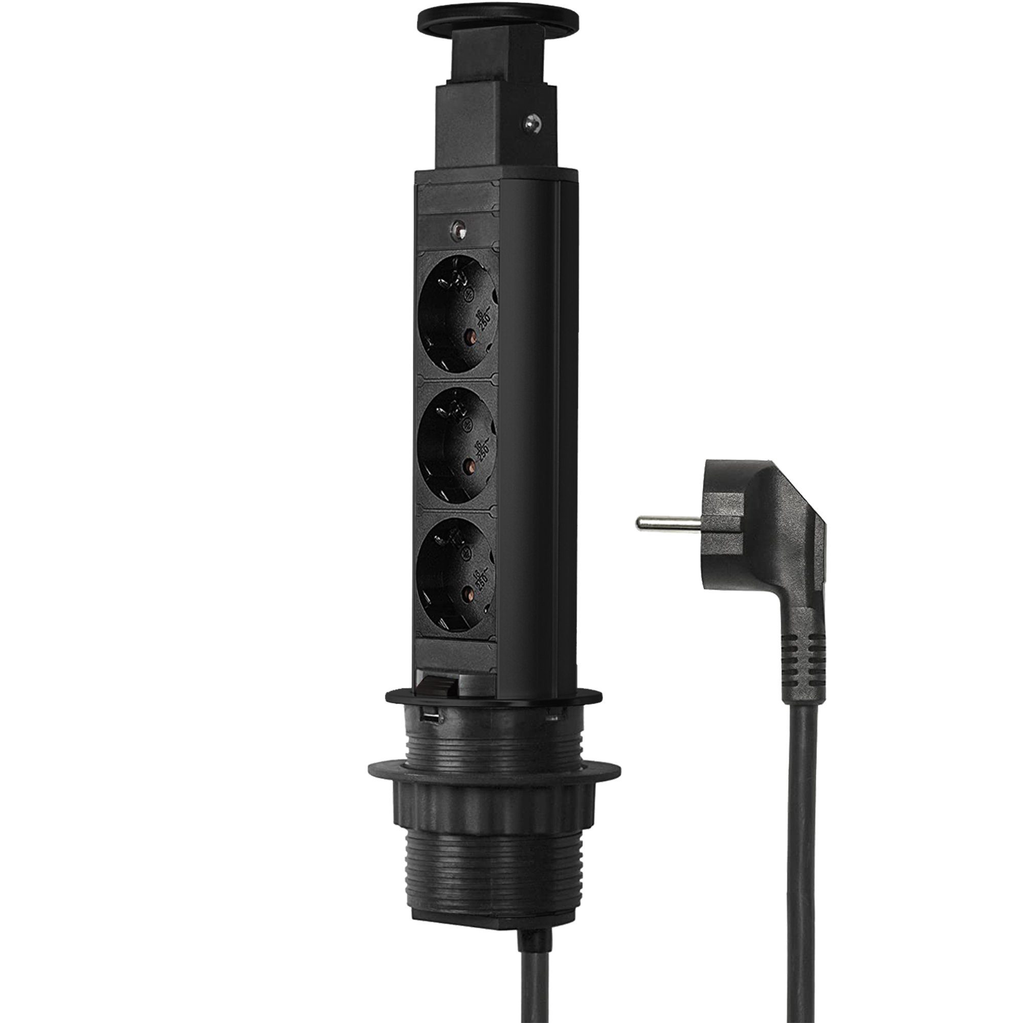 Elbe Inno Steckdosenleiste 3-fach (Versenkbare Tischsteckdose mit Rutsch-Stopper, Überspannungsschutz, Kindersicherung, Schutzkontaktstecker, Schutzkontaktkupplung), Elbe Inno® Tischsteckdose für die Arbeitsplatte (3 Steckdosen)