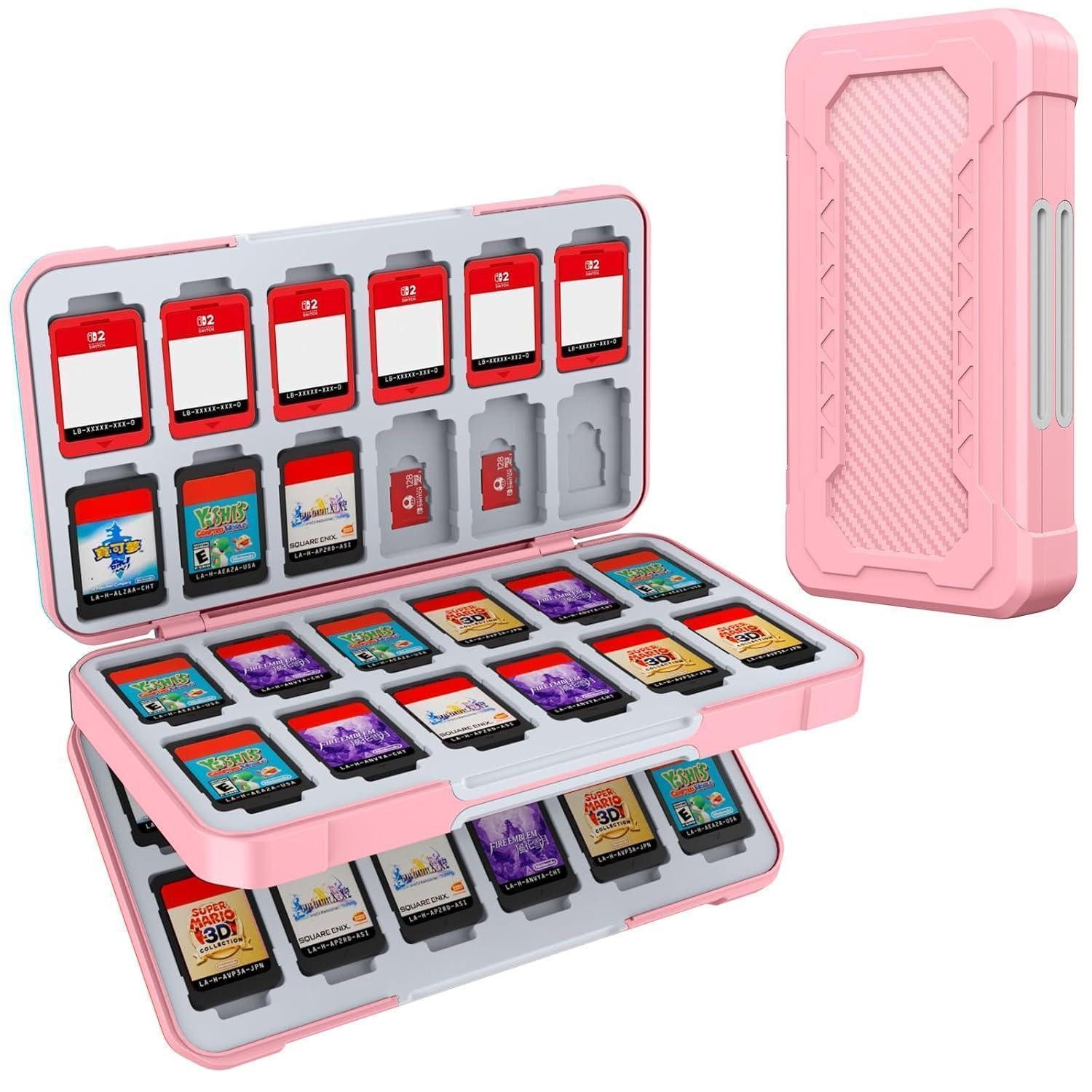 LuxusKollektion Spielekonsolen-Tasche Aufbewahrung Switch 48 Gamecards 24 MicroSD Update Carbon Fibre Pink