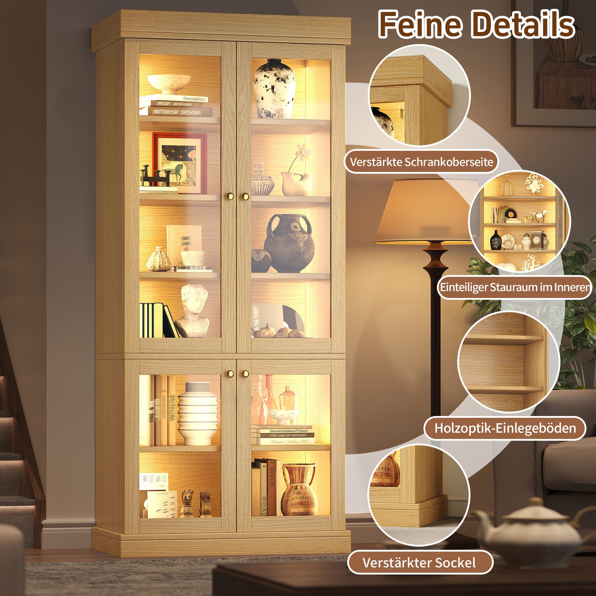 i@home Vitrine Vitrinenschrank mit LED und Glasvitrine (Hochschrank mit Stauraum, 1-St) Standvitrine für Wohnzimmer und Flur 180 cm, Kippschutz – Bild 4 von 5