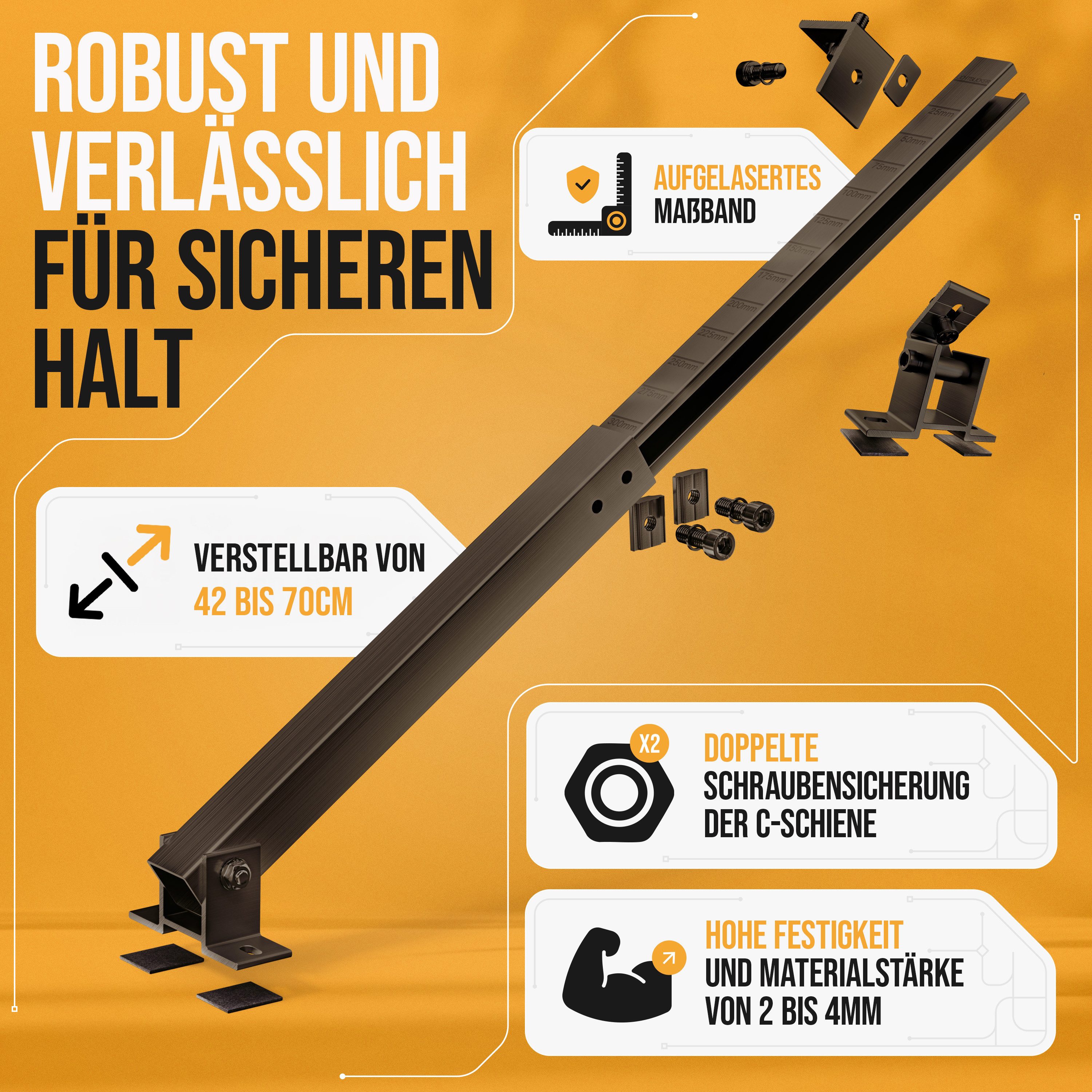 Lichtblicker Solarmodul-Halterung Balkonkraftwerk Halterung für 2x Solarmodule. Wand, Balkon, Flachdach, (verstellbar von 42 bis 70 cm, geeignet für Balkon, Wan – Bild 4 von 5