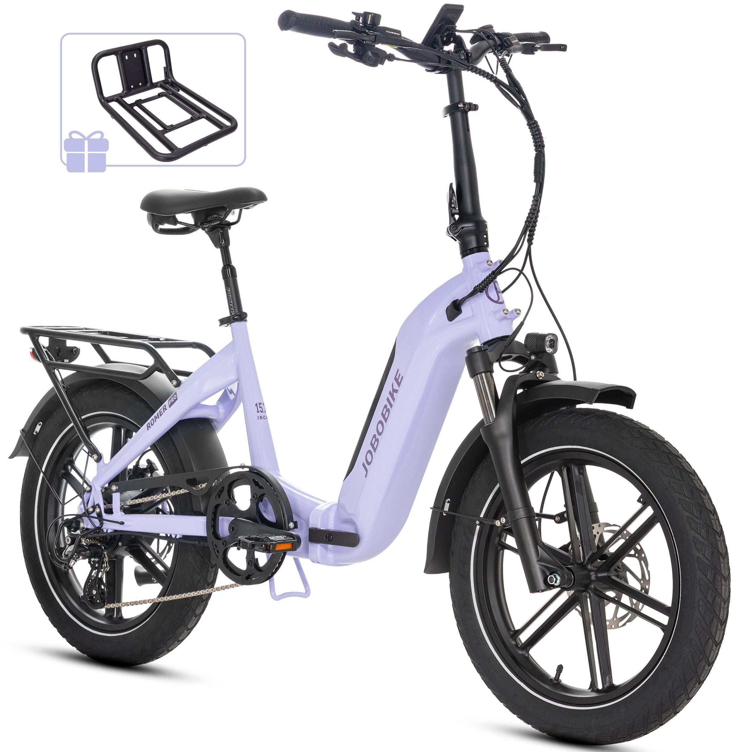 JOBOBIKE E-Bike Klapprad 20 Zoll, 720 Wh, bis zu 120 km, 60 Nm Fatbike, gefederte Sattelstütze, 7 Gang Shimano, Heckmotor, 720 Wh, (mit Bremslichtfunktion, Aluminiumrahmen, Drehmomentsensor), faltbares Citybike, Elektrofahrrad für Damen und Herren, hydr. Bremsen