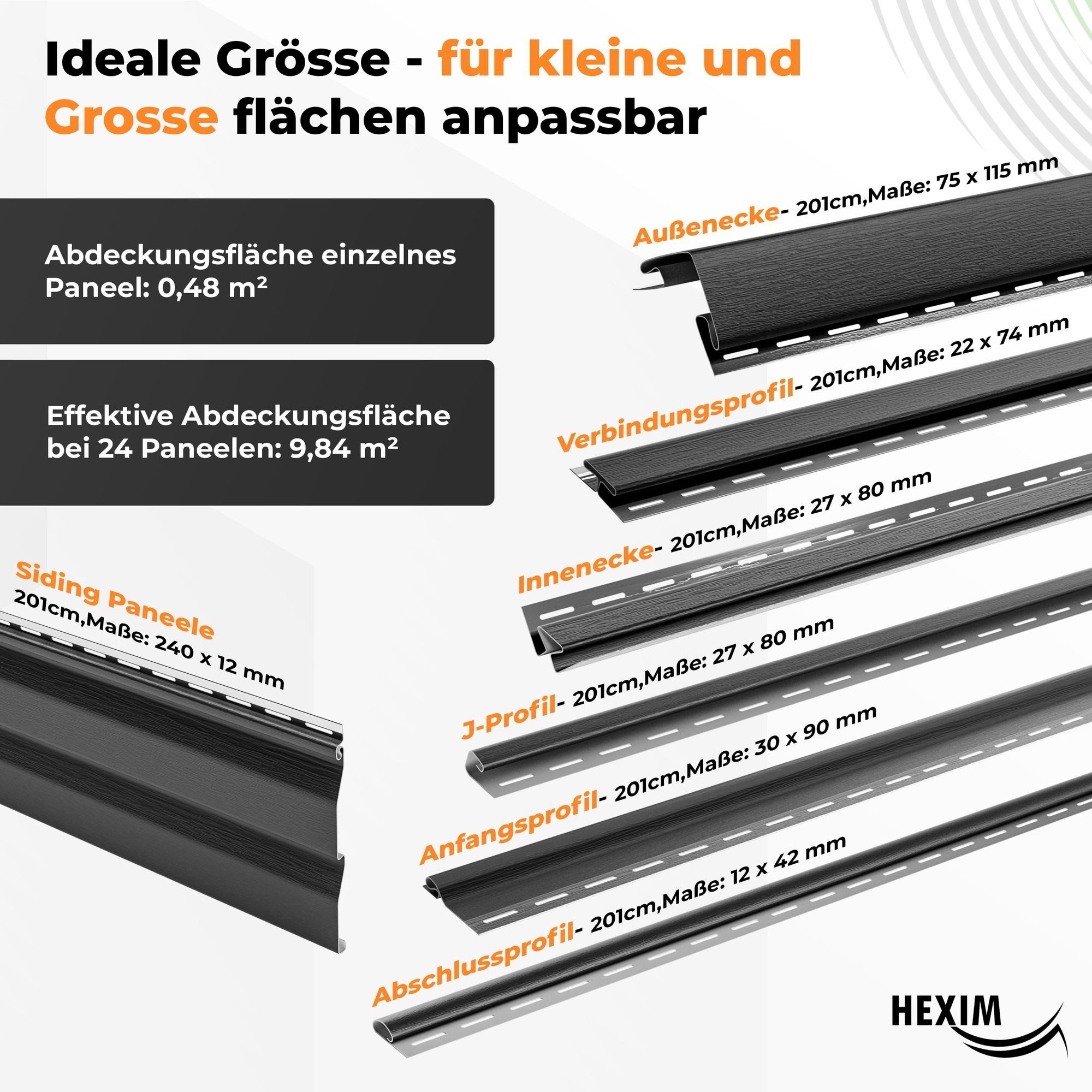 Hexim Verkleidungspaneel, (Siding Fassadenpaneele außen Fassadenverkleidung wetterfest Kunststoffpanelee PVC-U Verkleidung Außenwand Hausverkleidung UV-beständig - (Anfangsprofil anthrazit)