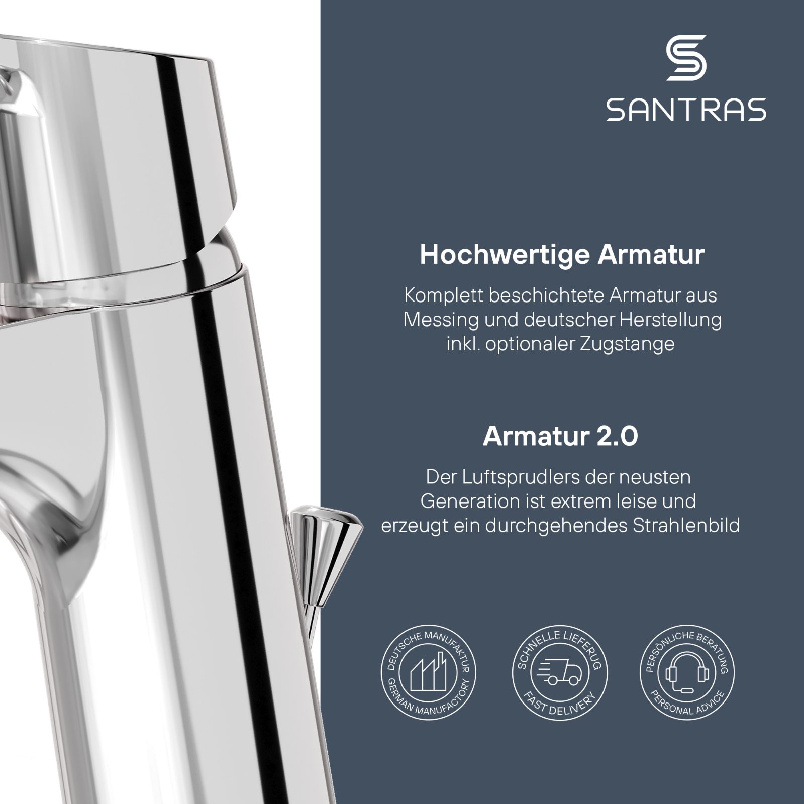 Santras Waschtischarmatur mit Zugstange und Ablaufgarnitur in Chrom