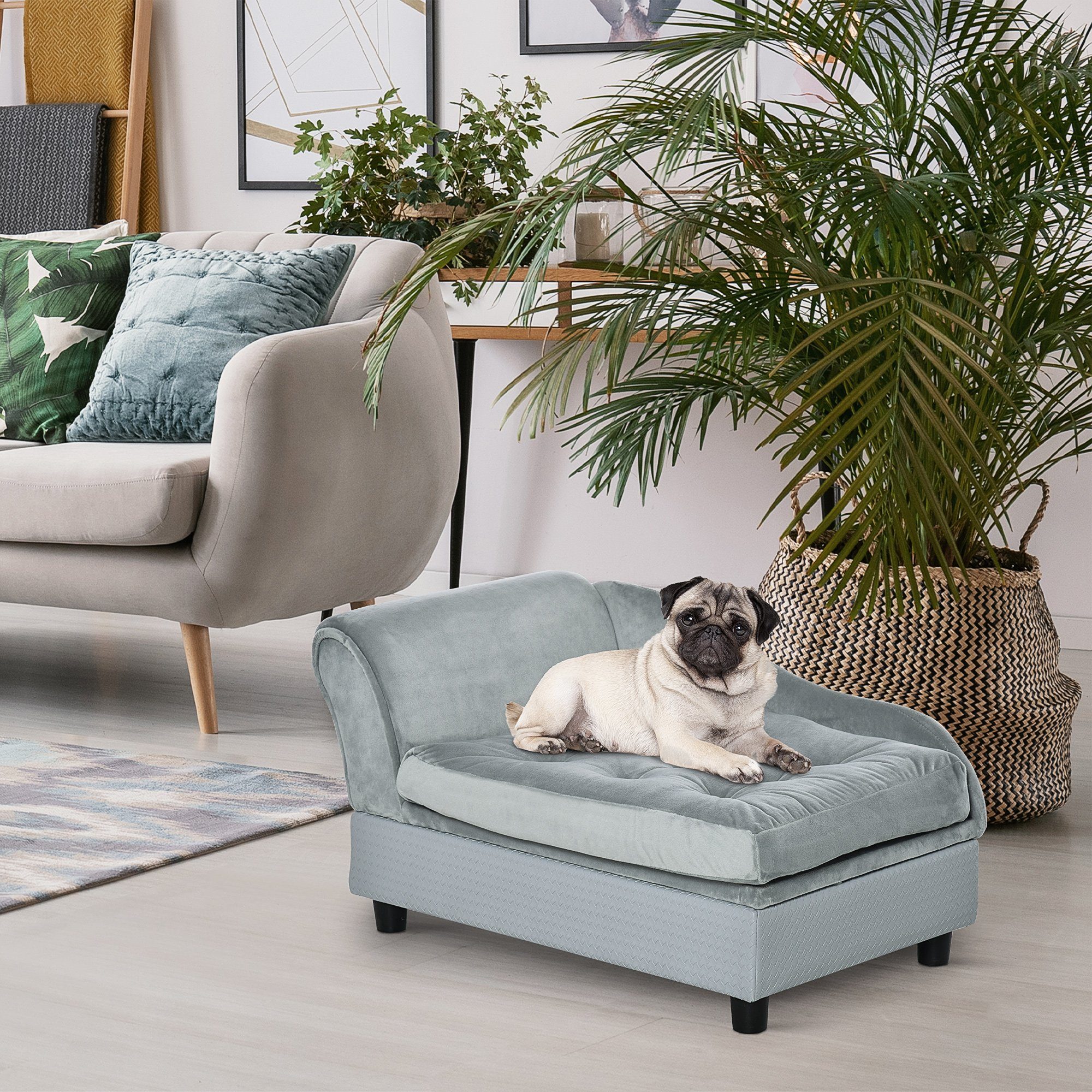 PawHut Tierbett Haustiersofa Hundesofa mit Matte Lagerraum Naturholz+Plüsch günstig online kaufen
