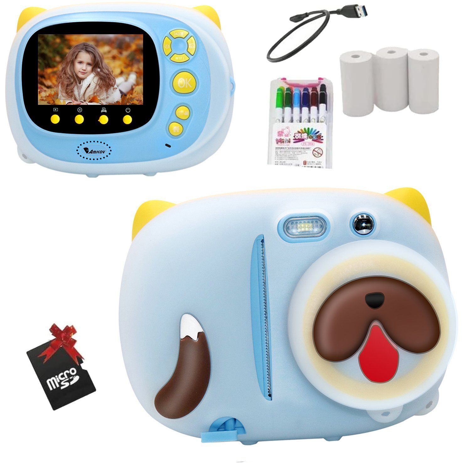 Fine Life Pro Sofortbildkamera Kinder DigitalKamera 1080P Videokamera Kinderkamera Kinderkamera (inkl. inkl. Kinder Kamera Drucken Schwarzweiß Foto mit Pinselstift, Kinder Digitalkamera mit 32GB SD-Karte, Geschenk für Kinder)