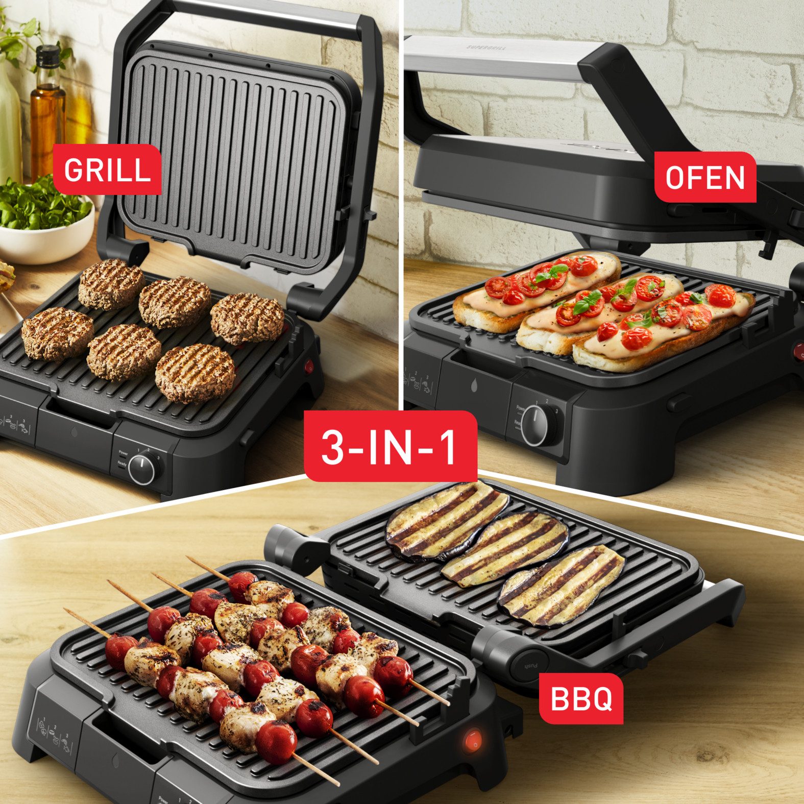 Tefal Kontaktgrill SuperGrill 3in1, Kontaktgrill, Barbeque-, Ofenposition, 3 Temperaturen, 2000 W, spülmaschinengeeignete Platten, platzsparende Aufbewahrung, GC510D