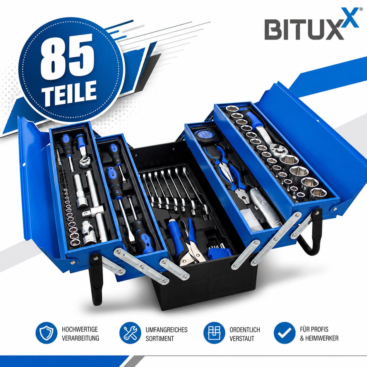 Bituxx Werkzeugkoffer Metall Werkzeugkiste bestückt 85tlg (85 St., MS-19125)