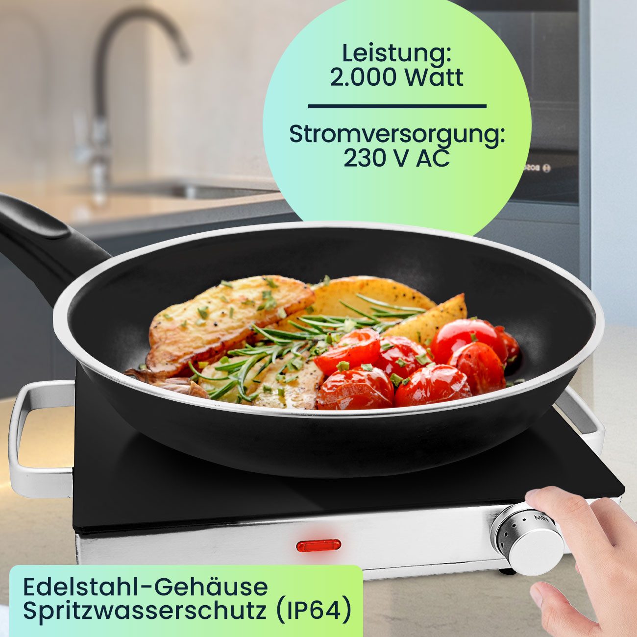Casativo Einzelkochplatte Mobile Glaskeramik Kochplatte Infrarot-Wärme Ø20cm 2000W IP64, 1er & 2er-Set, stufenlose Temperaturregelung, 35 x 7,6 x 30cm – Bild 4 von 5
